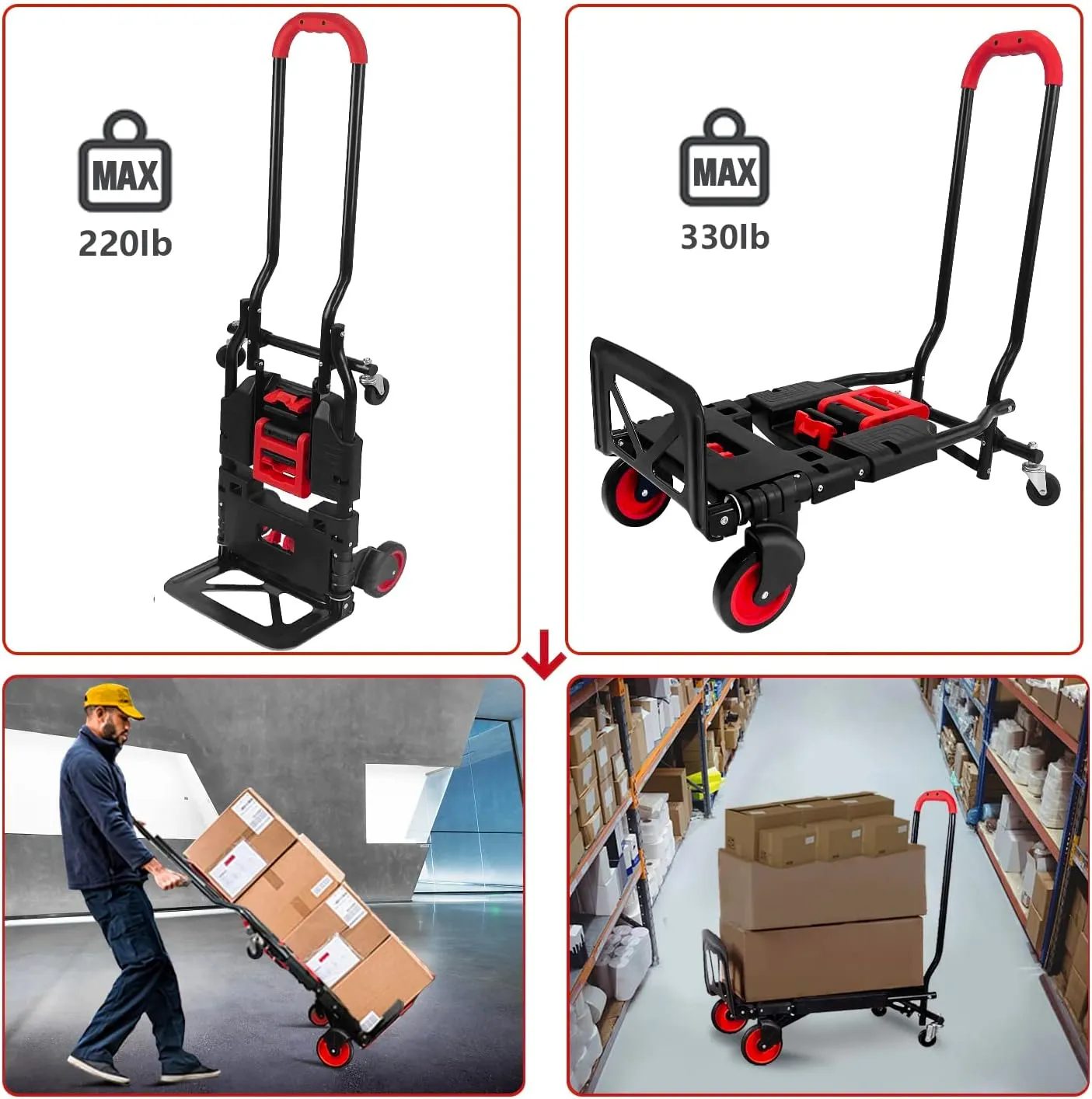 Folding Hand Truck, Portable Dolly Cart with Rubber Wheels and Retractable Handle, 2 in 1 Design 264lbs Capacity Hand Cart Foldable for Transportation/Luggage/Mobile/Travel/Office Use