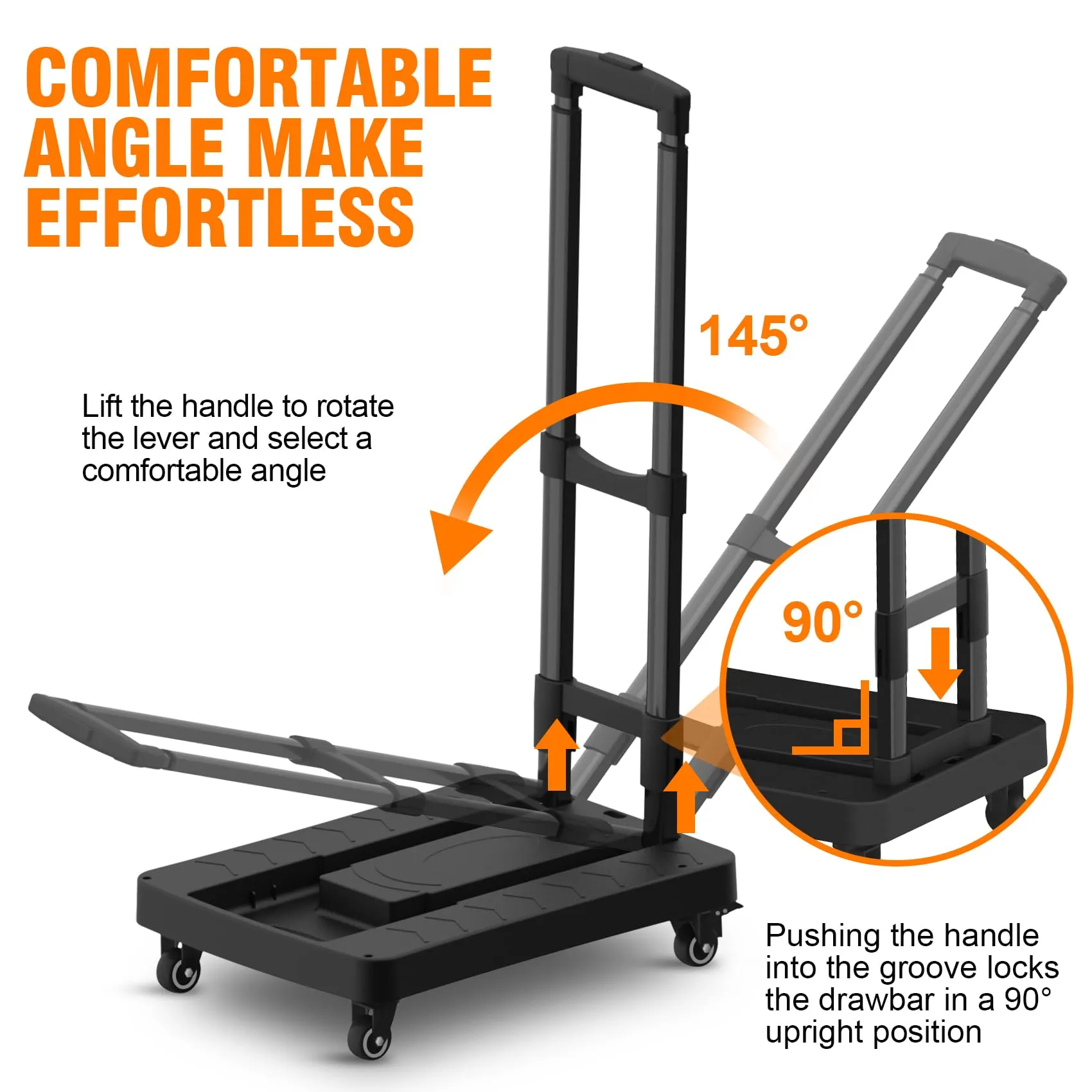 Folding Hand Truck, Portable Push Cart & Luggage Dolly Cart with 2 Braking Swivel Wheels and 3 Bungee Cords for Backpack, Travel, Moving, and Office Use U1