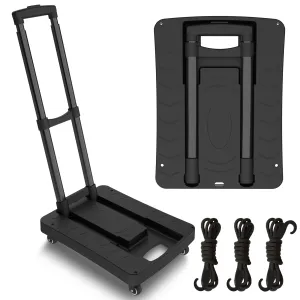 Folding Hand Truck, Portable Push Cart & Luggage Dolly Cart with 2 Braking Swivel Wheels and 3 Bungee Cords for Backpack, Travel, Moving, and Office Use U1