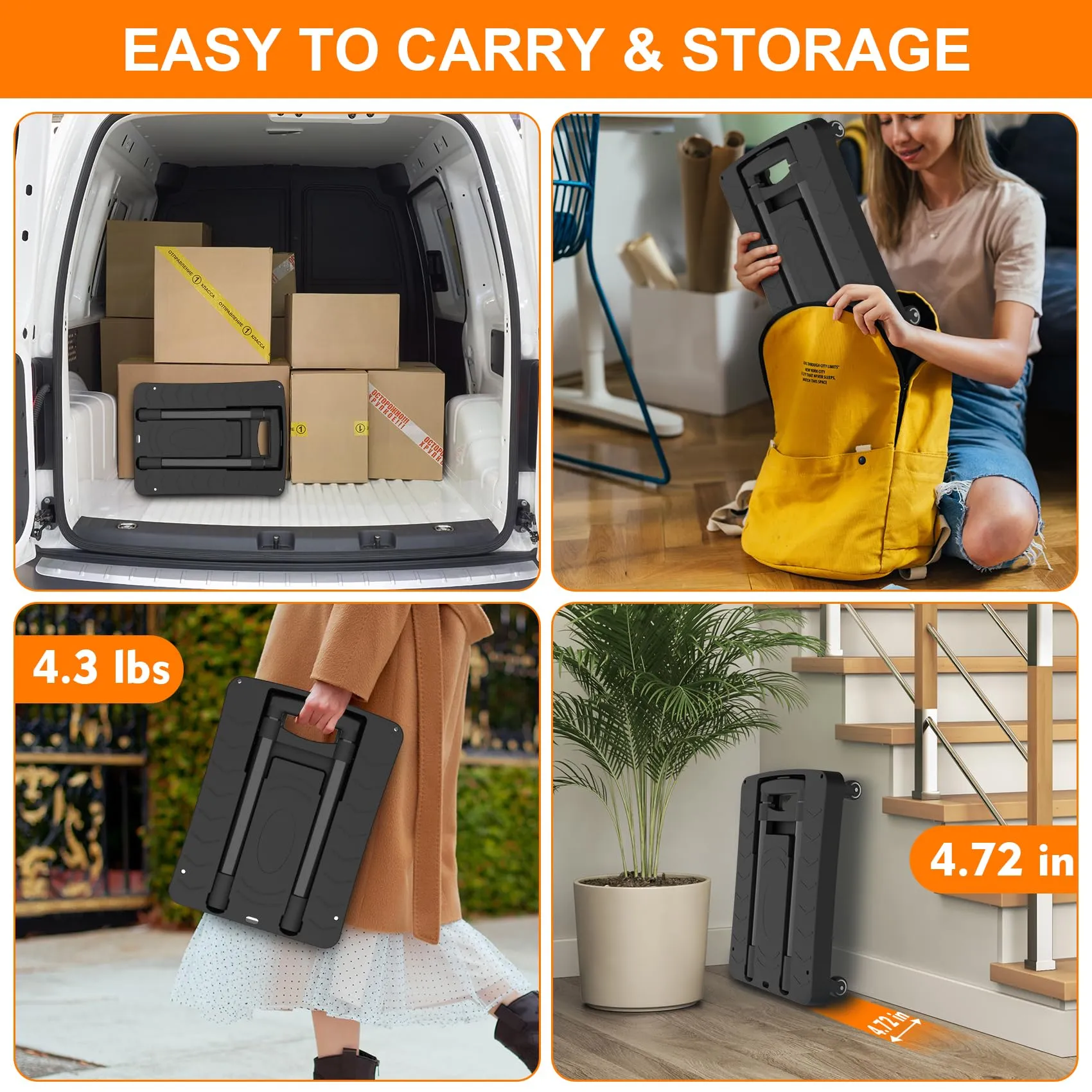 Folding Hand Truck, Portable Push Cart & Luggage Dolly Cart with 2 Braking Swivel Wheels and 3 Bungee Cords for Backpack, Travel, Moving, and Office Use U1