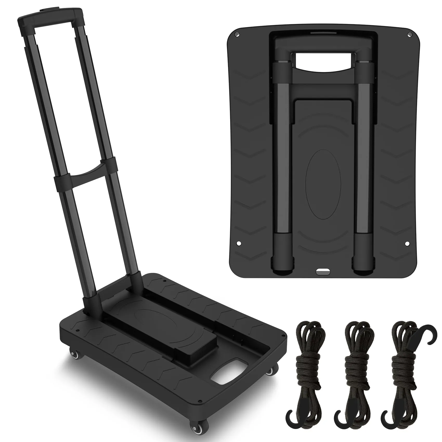 Folding Hand Truck, Portable Push Cart & Luggage Dolly Cart with 2 Braking Swivel Wheels and 3 Bungee Cords for Backpack, Travel, Moving, and Office Use U1