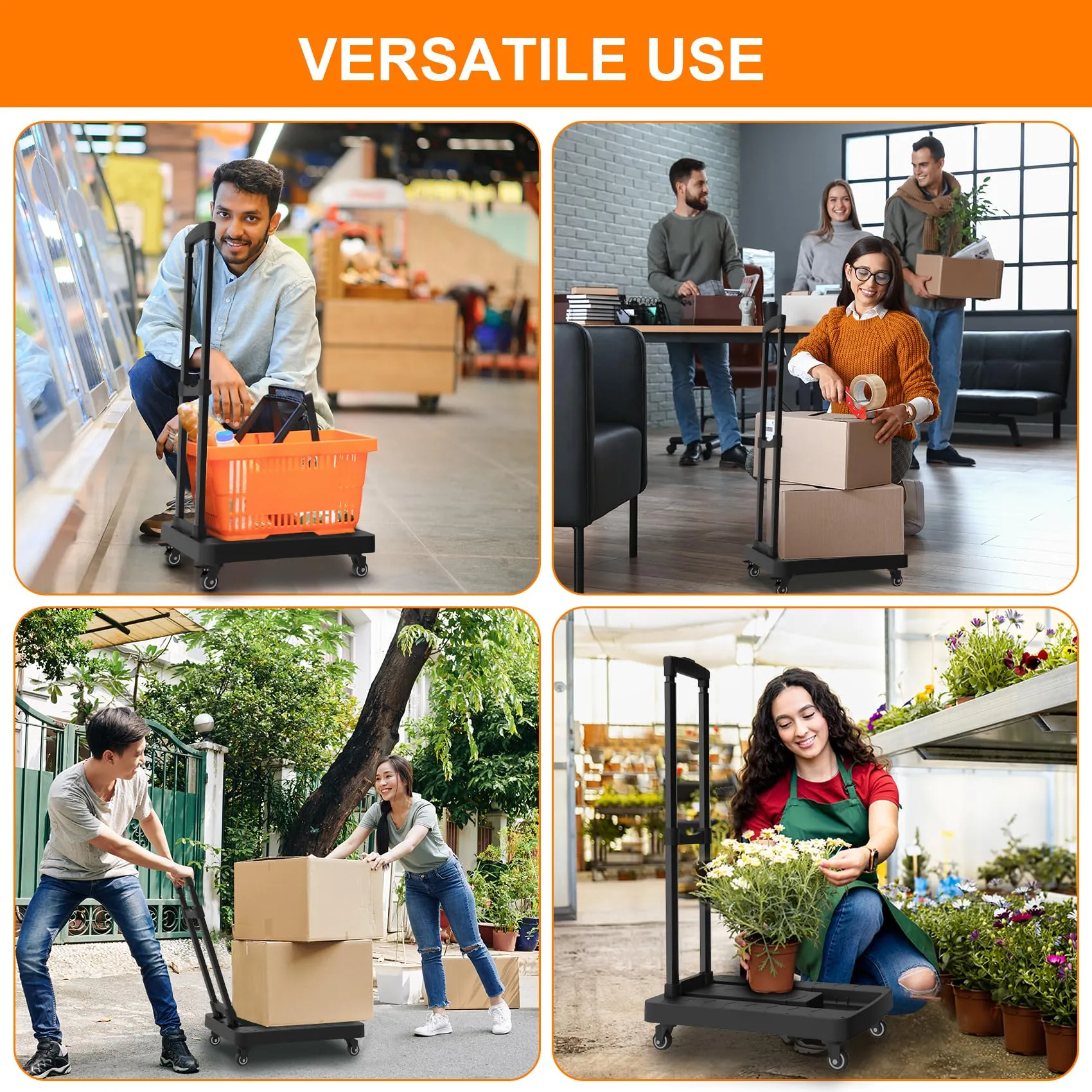 Folding Hand Truck, Portable Push Cart & Luggage Dolly Cart with 2 Braking Swivel Wheels and 3 Bungee Cords for Backpack, Travel, Moving, and Office Use U1