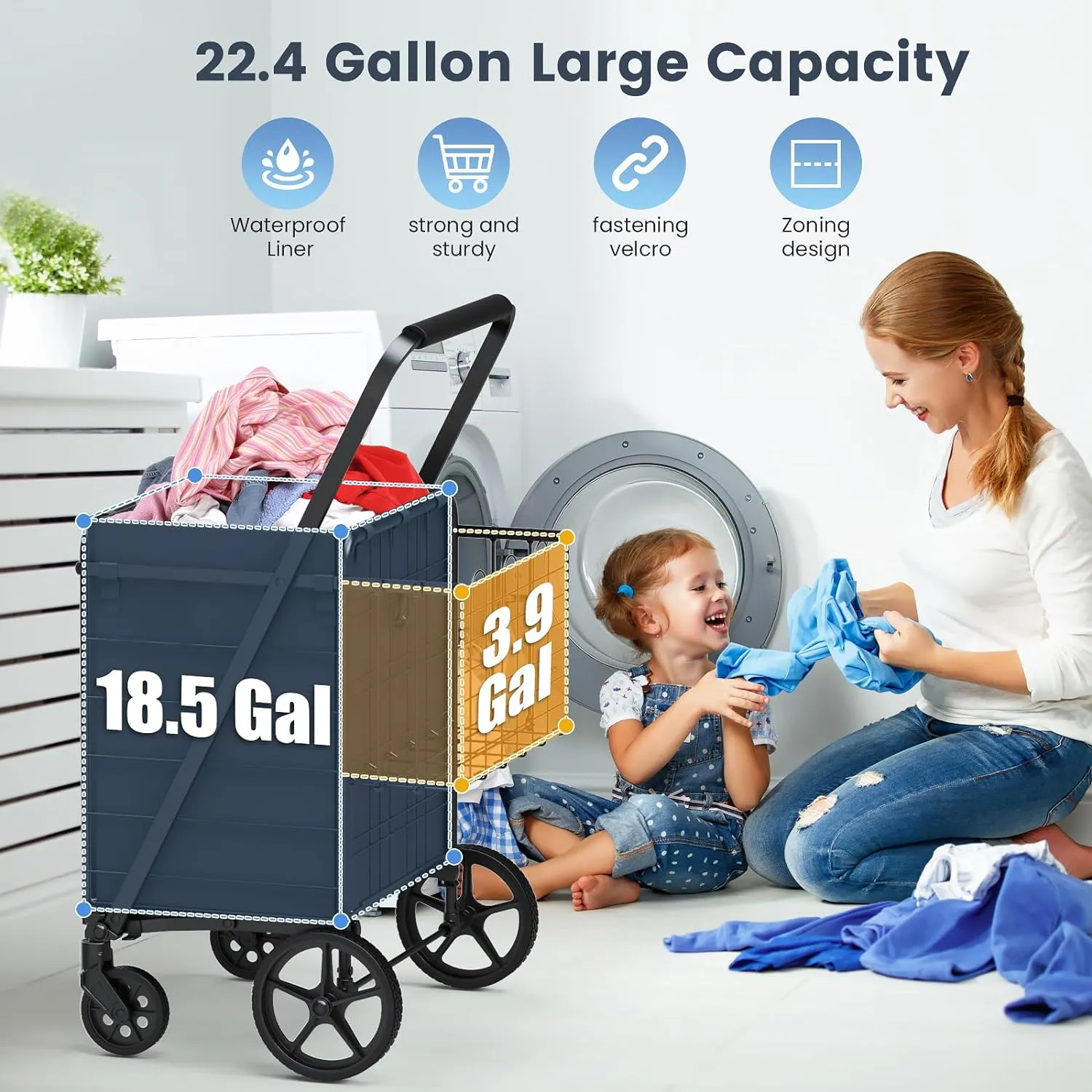 Folding Shopping Cart with Waterproof Bag, Grocery Cart with Encrypted Mesh Bottom, 23 Gal Double Basket & 360° Swivel Wheels, 260 Lbs Heavy Duty Shopping Carts for Groceries, Laundry