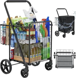 Folding Shopping Cart with Waterproof Bag, Grocery Cart with Encrypted Mesh Bottom, 23 Gal Double Basket & 360° Swivel Wheels, 260 Lbs Heavy Duty Shopping Carts for Groceries, Laundry
