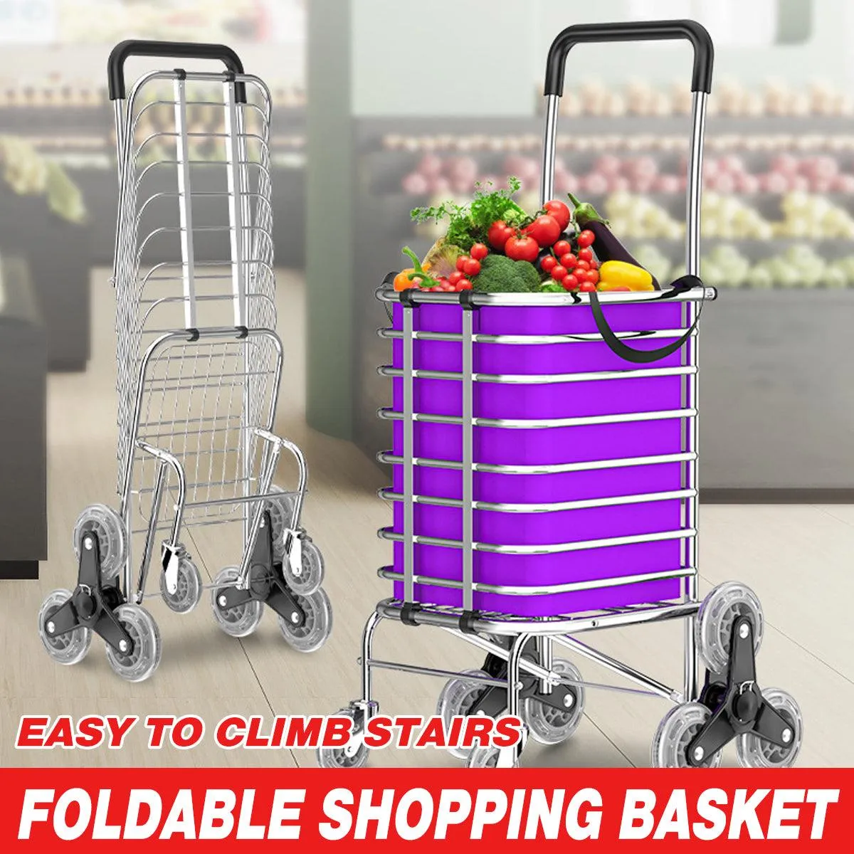 Folding Vegetable Basket Trolley Small Trailer Grocery Shopping Pulling Cart