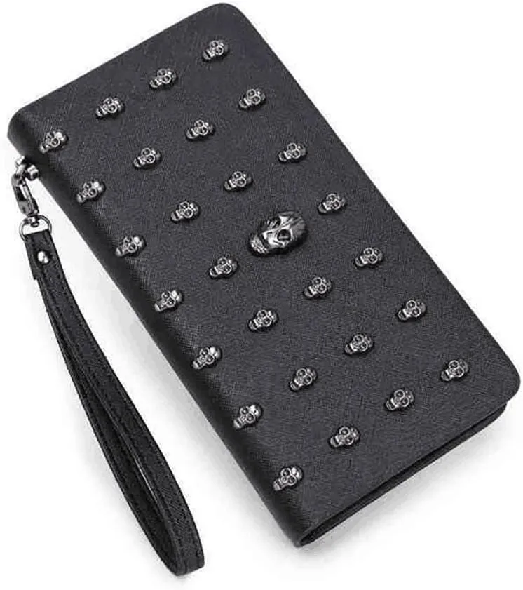 FOME Wallet Women Punk Style PU Long High-end Cross Pattern Wallet Purse Zipper Bag Handbag Skull Plated¡­