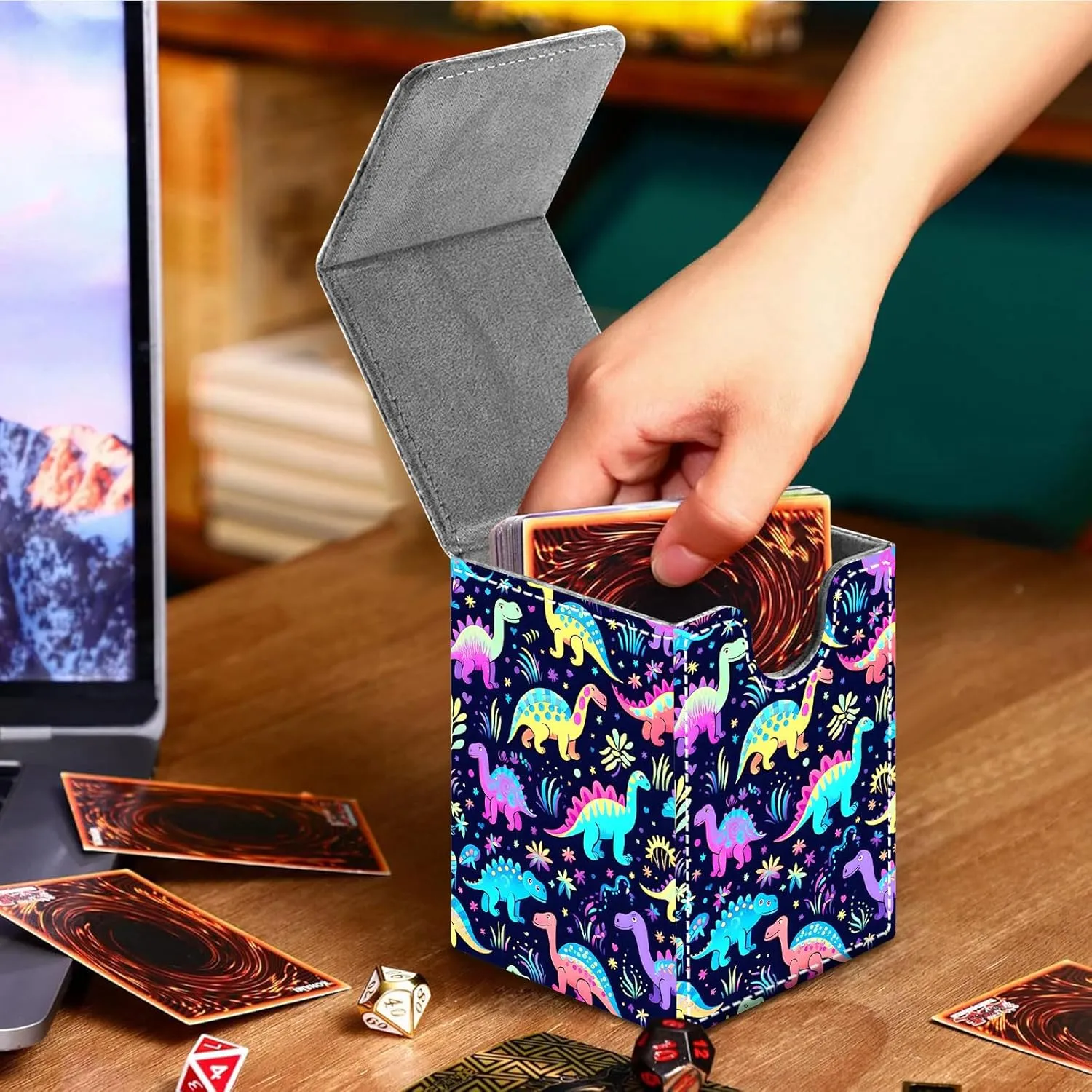 For MTG Deck Box, Fits 100  Single Sleeved Cards, Strong Magnet Card Deck Box, PU Leather Trading Card Storage Box, TCG, CCG Cards Secure Storage for Trading Card, Cute Dinosaurs -160