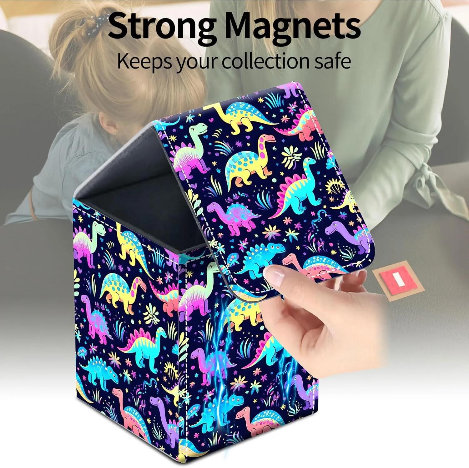 For MTG Deck Box, Fits 100  Single Sleeved Cards, Strong Magnet Card Deck Box, PU Leather Trading Card Storage Box, TCG, CCG Cards Secure Storage for Trading Card, Cute Dinosaurs -160