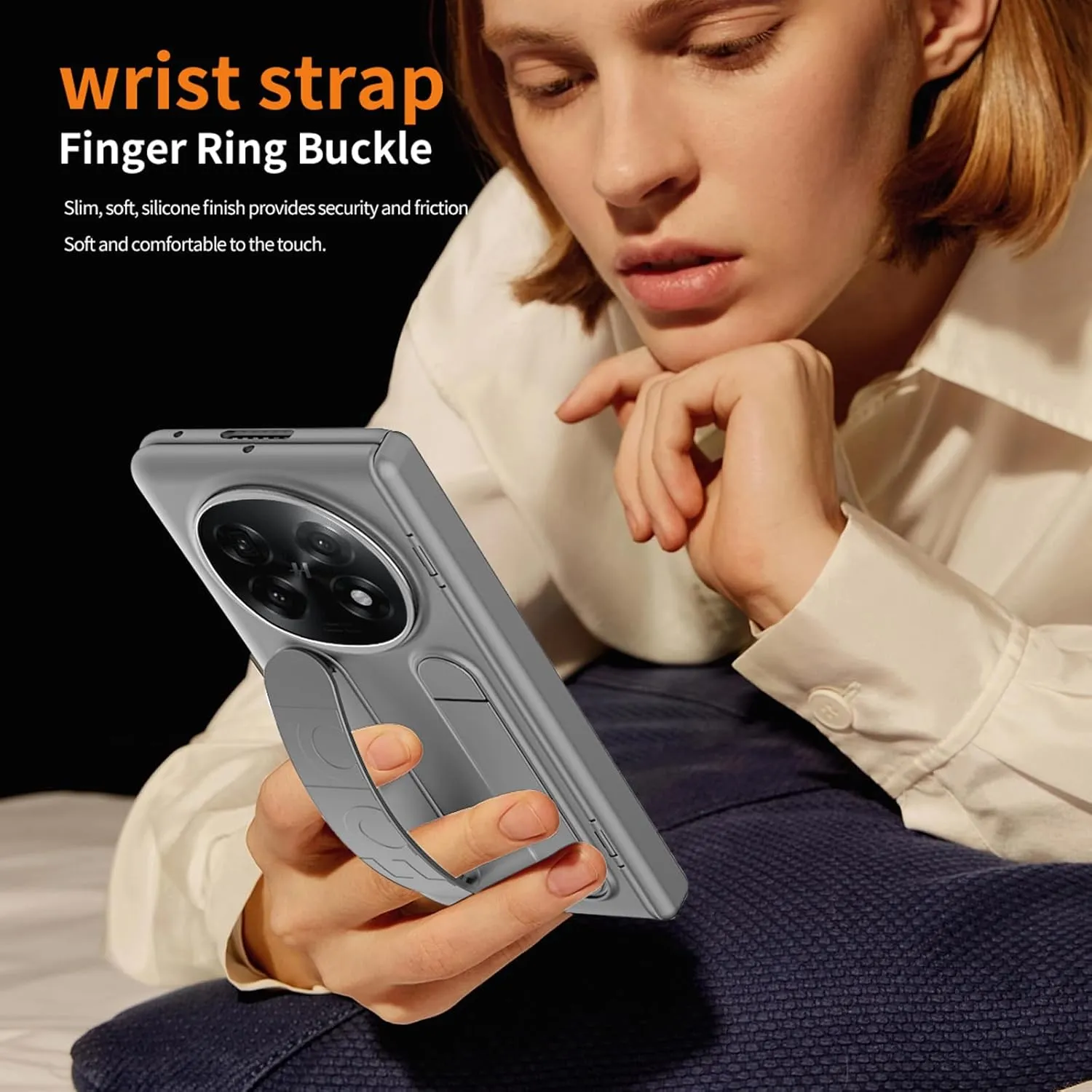 for Oppo Find N5 Case with Hand Strap, All-Inclusive Case with Kickstand Hinge Protection Screen Protector Camera Protector Wrist Strap Protective Cover for Oppo Find N5 Grey