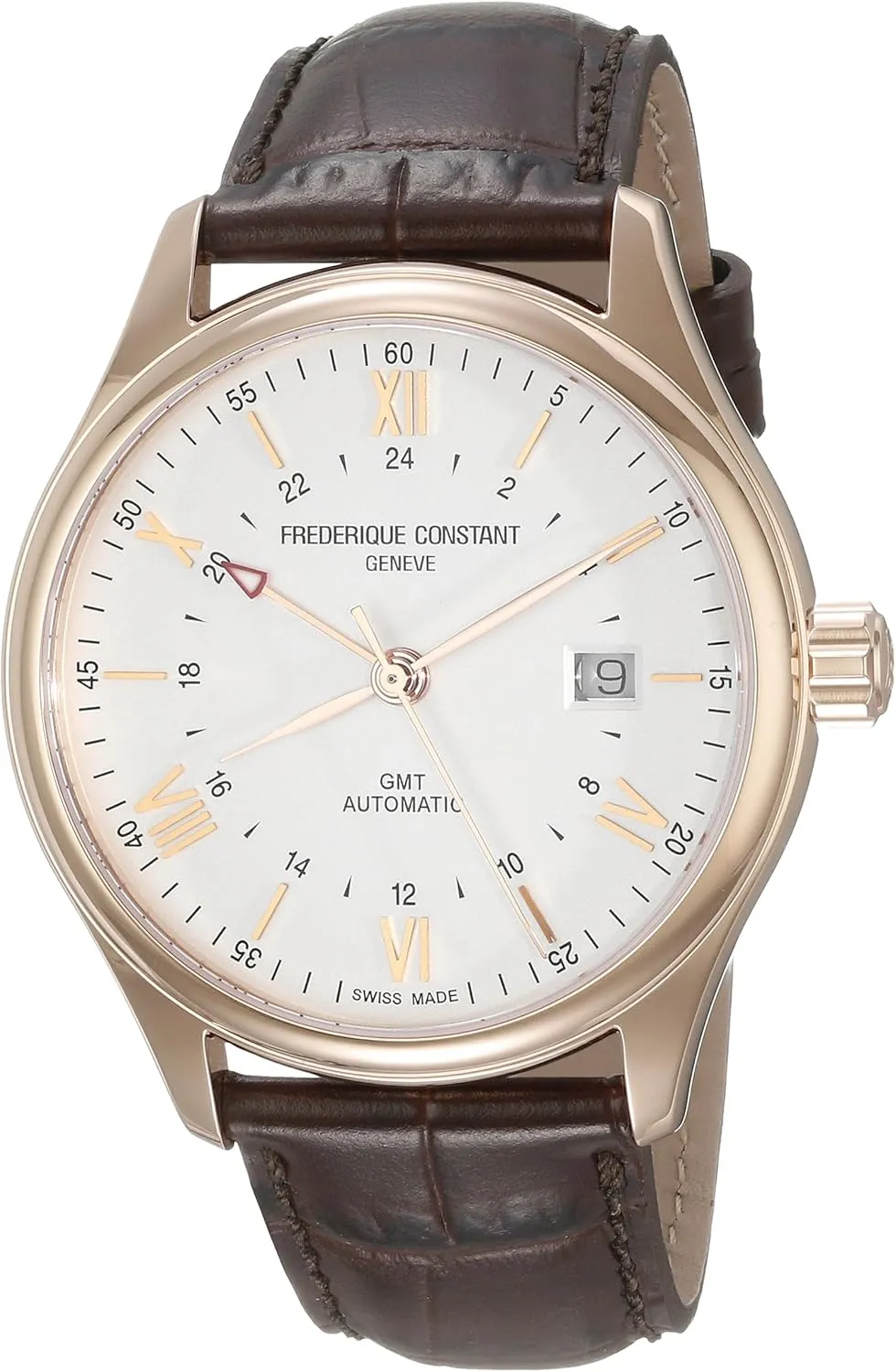 Frederique Constant Men's 'Classics Index' Silver Dial Brown Leather Strap GMT Swiss Automatic Watch with Brown Leather Band FC-350V5B4