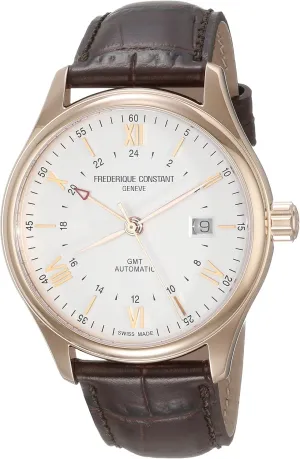 Frederique Constant Men's 'Classics Index' Silver Dial Brown Leather Strap GMT Swiss Automatic Watch with Brown Leather Band FC-350V5B4