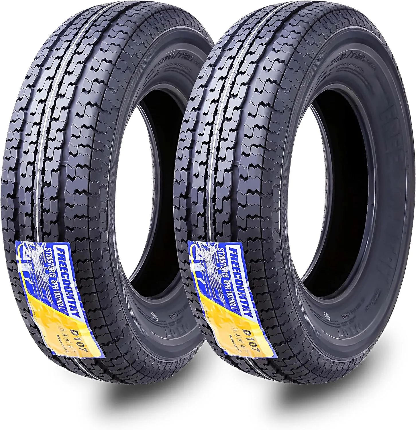 Free Country GRAND RIDE Set 2 ST205/75R15 Premium Trailer Tires 205 75 15 8-Ply Load Range D w/Scuff Guard 8mm Tread Depth