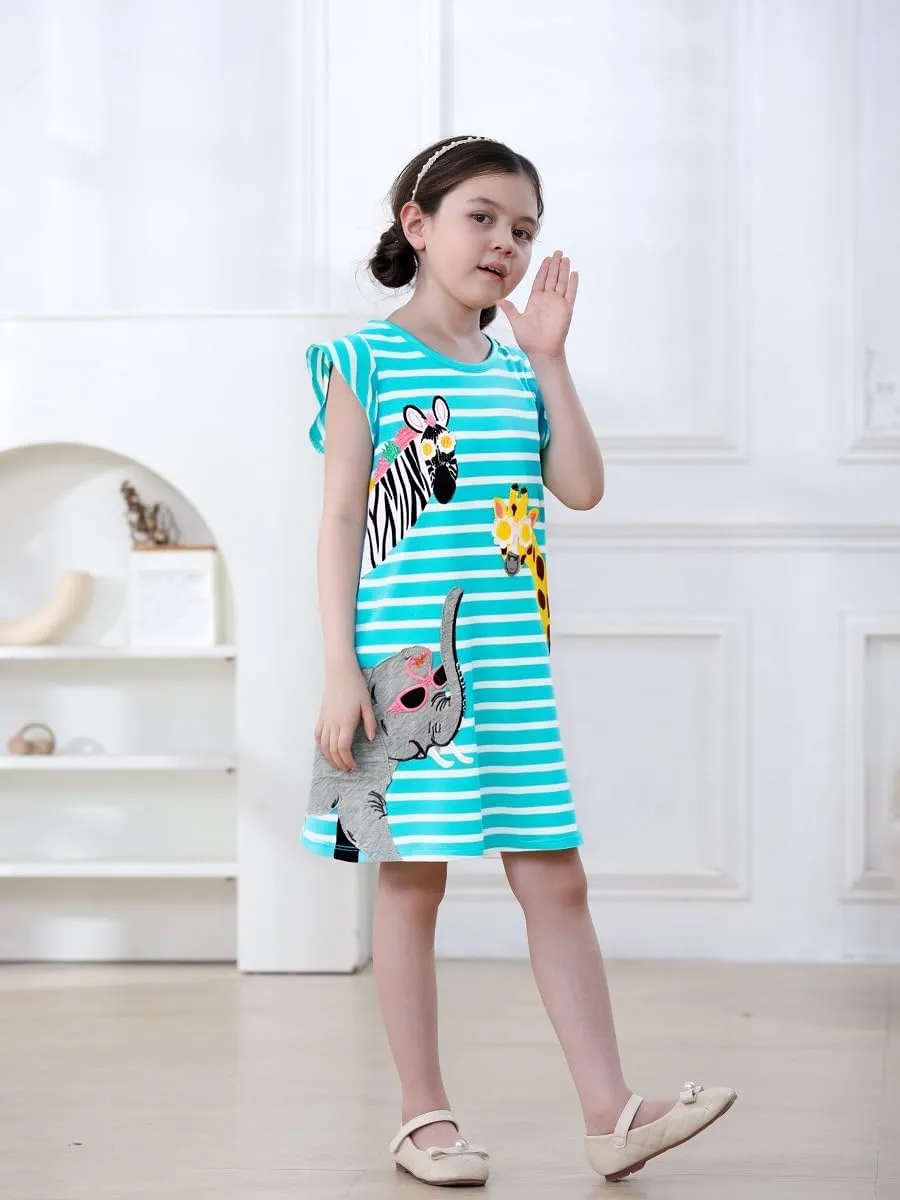 FreeLu Toddler Girls Cotton Summer Short Sleeve Dress Cartoon Print Casual Jersey Dresses