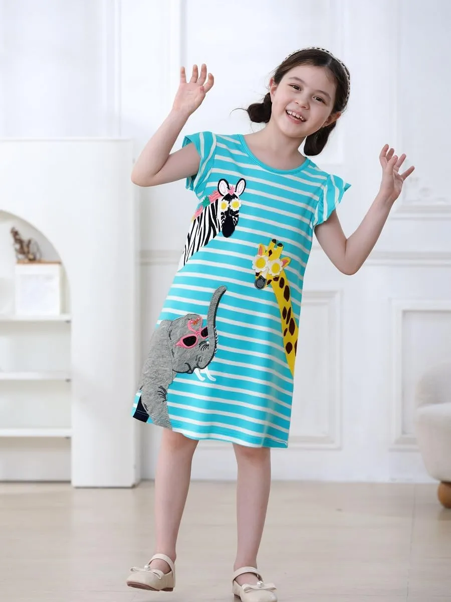 FreeLu Toddler Girls Cotton Summer Short Sleeve Dress Cartoon Print Casual Jersey Dresses