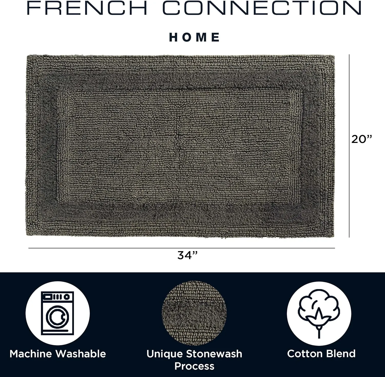 French Connection Stonewash Bath Rug Cotton Blend, Premium Bathroom Décor, Machine Washable, 20"x34", Black