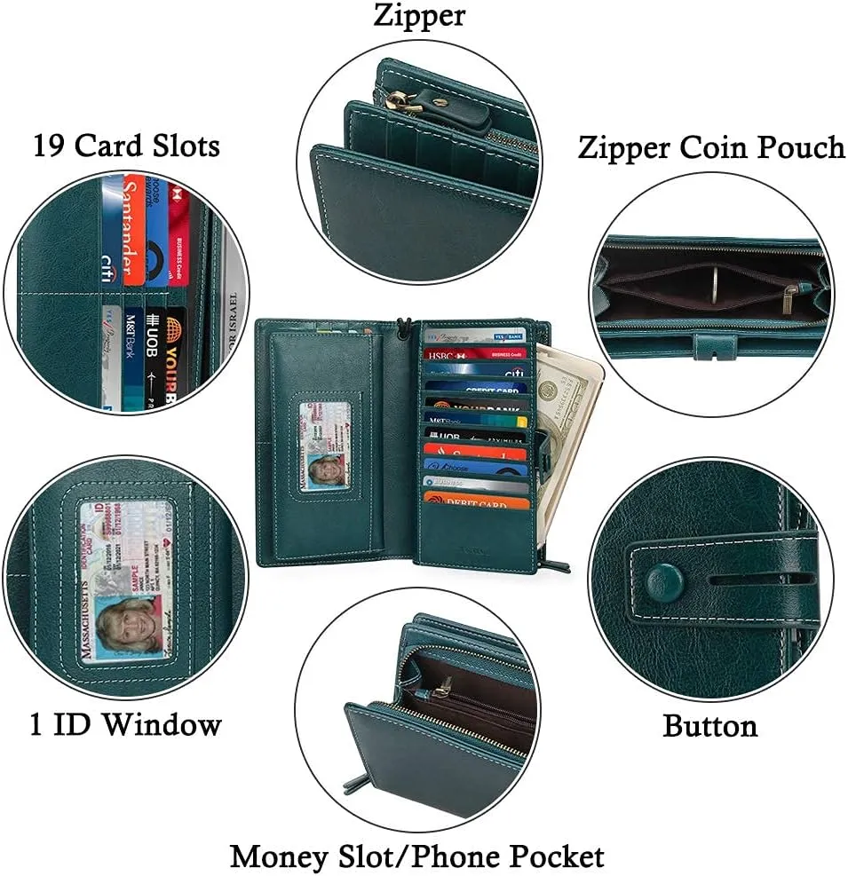 FT FUNTOR Women's Big Fat RFID Blocking Wallet Leather Zip Around Clutch Large Phone Organizer Wristlet