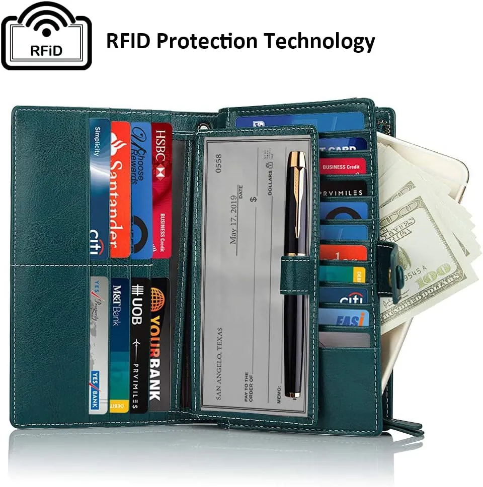 FT FUNTOR Women's Big Fat RFID Blocking Wallet Leather Zip Around Clutch Large Phone Organizer Wristlet