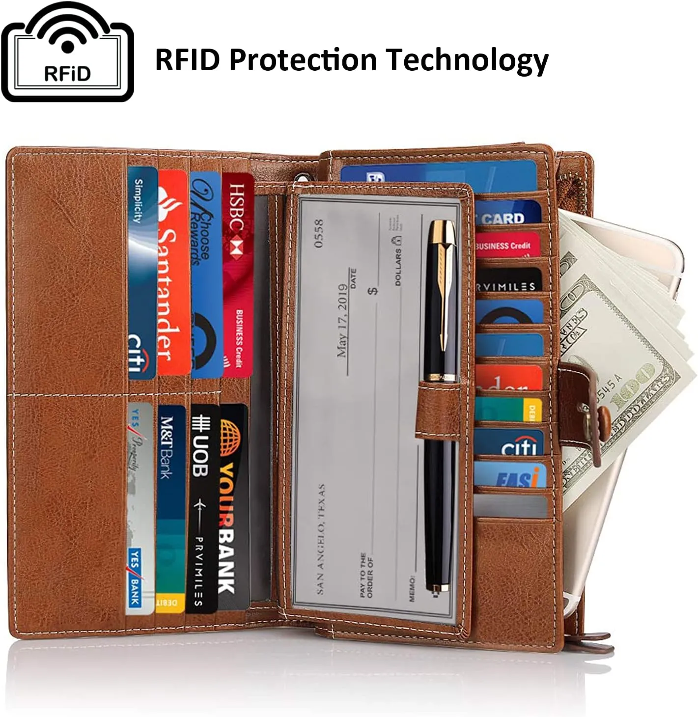 FT FUNTOR Women's Big Fat RFID Blocking Wallet Leather Zip Around Clutch Large Phone Organizer Wristlet