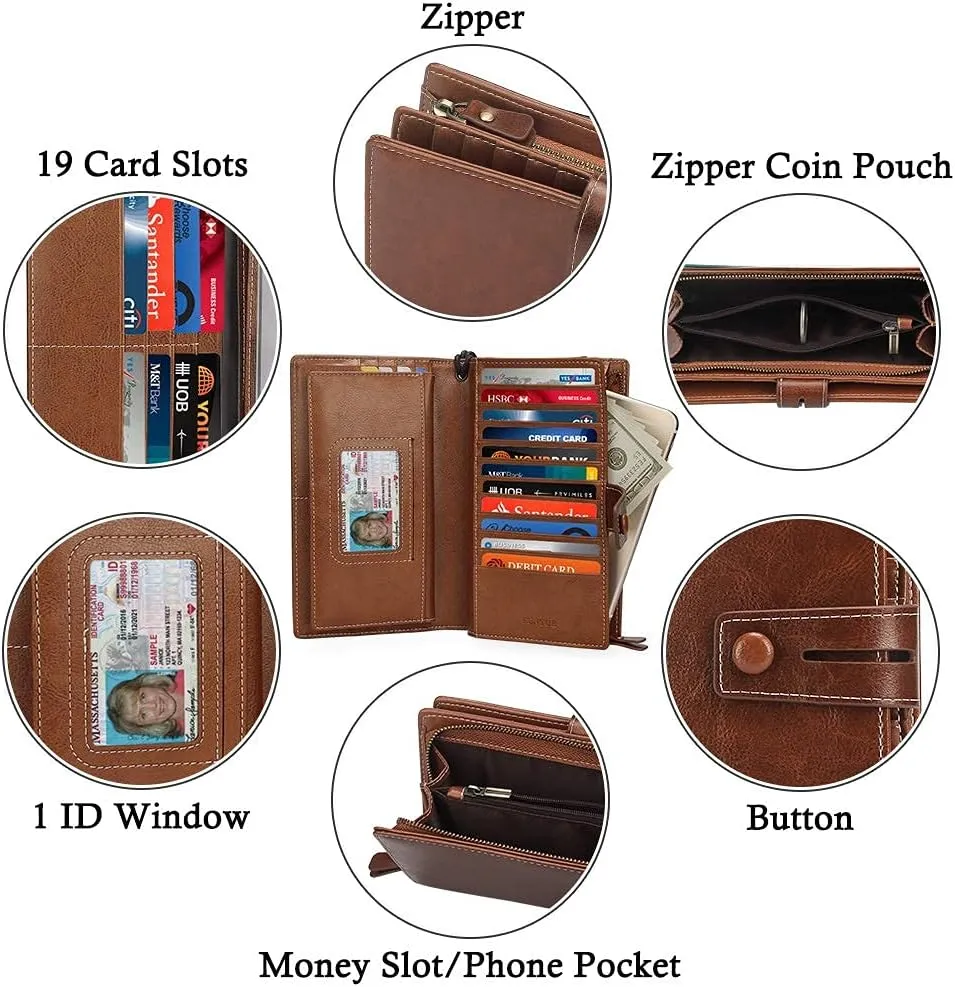 FT FUNTOR Women's Big Fat RFID Blocking Wallet Leather Zip Around Clutch Large Phone Organizer Wristlet