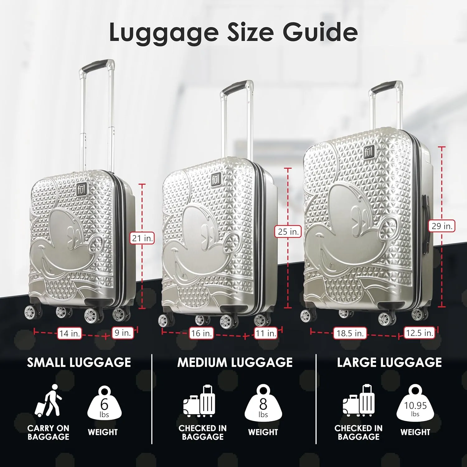 FUL Disney Mickey Mouse 29 Inch Rolling Luggage, Hardshell Suitcase with Spinner Wheels, Silver