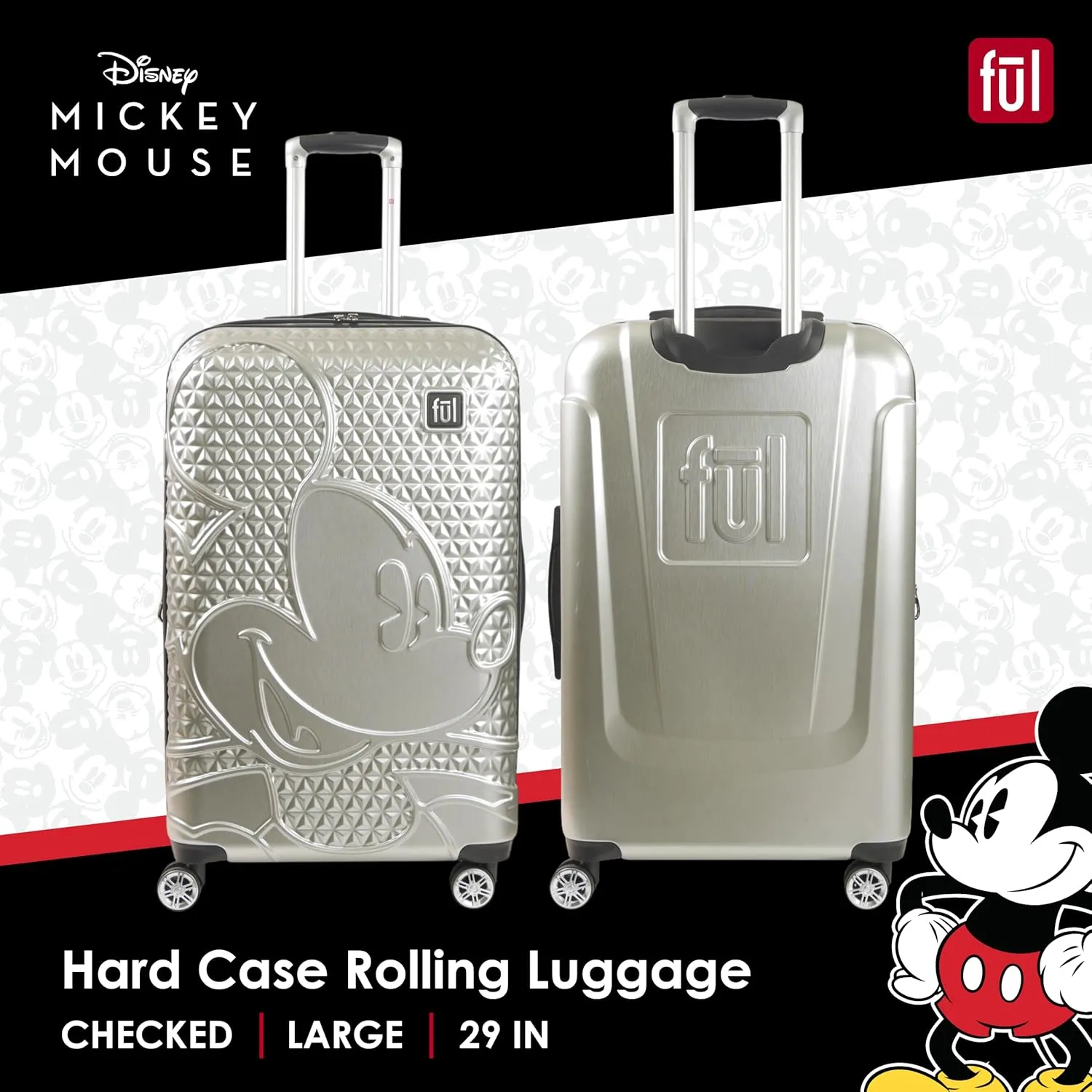FUL Disney Mickey Mouse 29 Inch Rolling Luggage, Hardshell Suitcase with Spinner Wheels, Silver