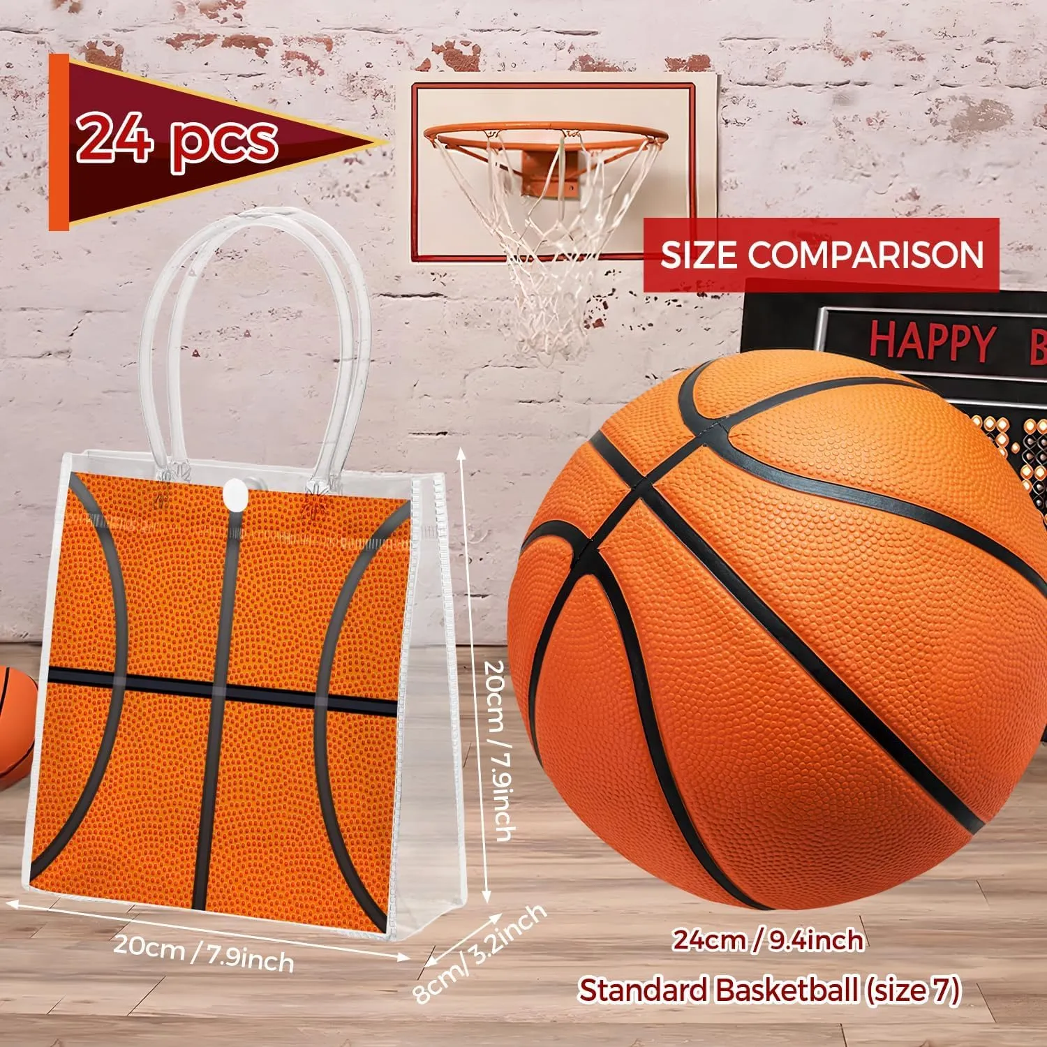 FULJOOY 24 Pcs Basketball Clear PVC Gift Party Bags with Handles Bulk Football Transparent Treat Goodie Tote Sport Clear PVC Snack Bag for Boys Birthday Party Favor Baby Shower Decorations Supplies