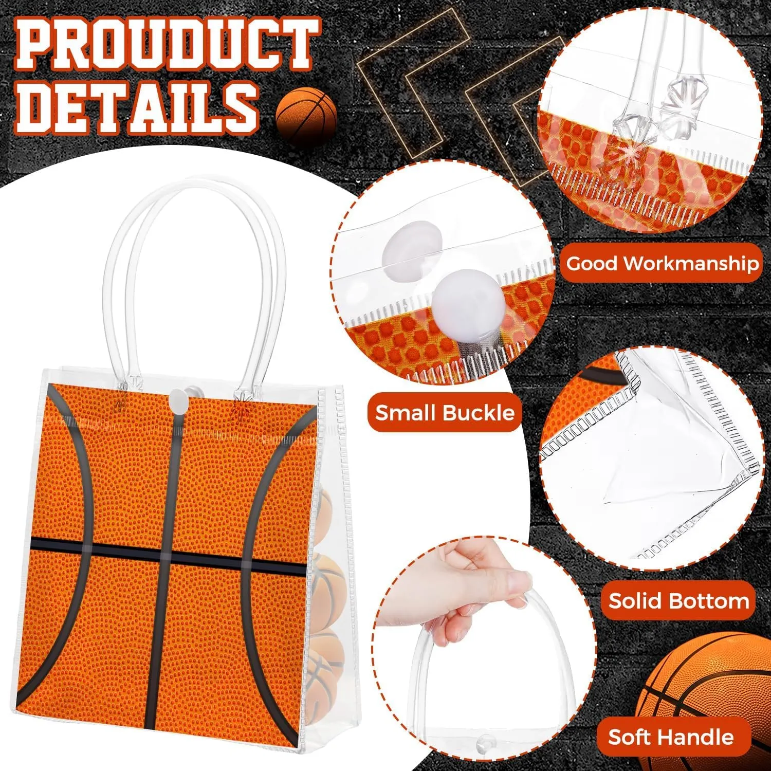 FULJOOY 24 Pcs Basketball Clear PVC Gift Party Bags with Handles Bulk Football Transparent Treat Goodie Tote Sport Clear PVC Snack Bag for Boys Birthday Party Favor Baby Shower Decorations Supplies