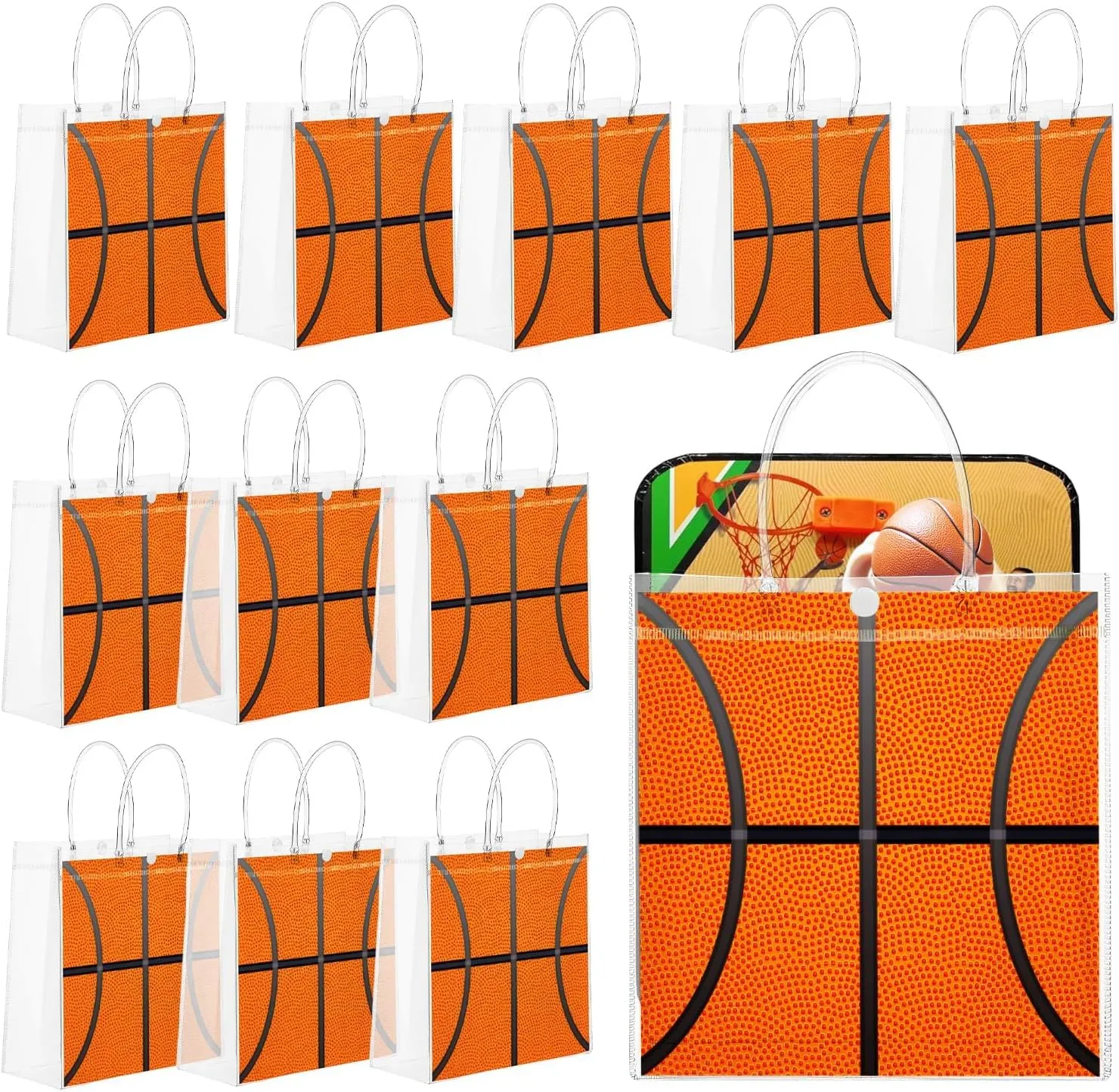 FULJOOY 24 Pcs Basketball Clear PVC Gift Party Bags with Handles Bulk Football Transparent Treat Goodie Tote Sport Clear PVC Snack Bag for Boys Birthday Party Favor Baby Shower Decorations Supplies
