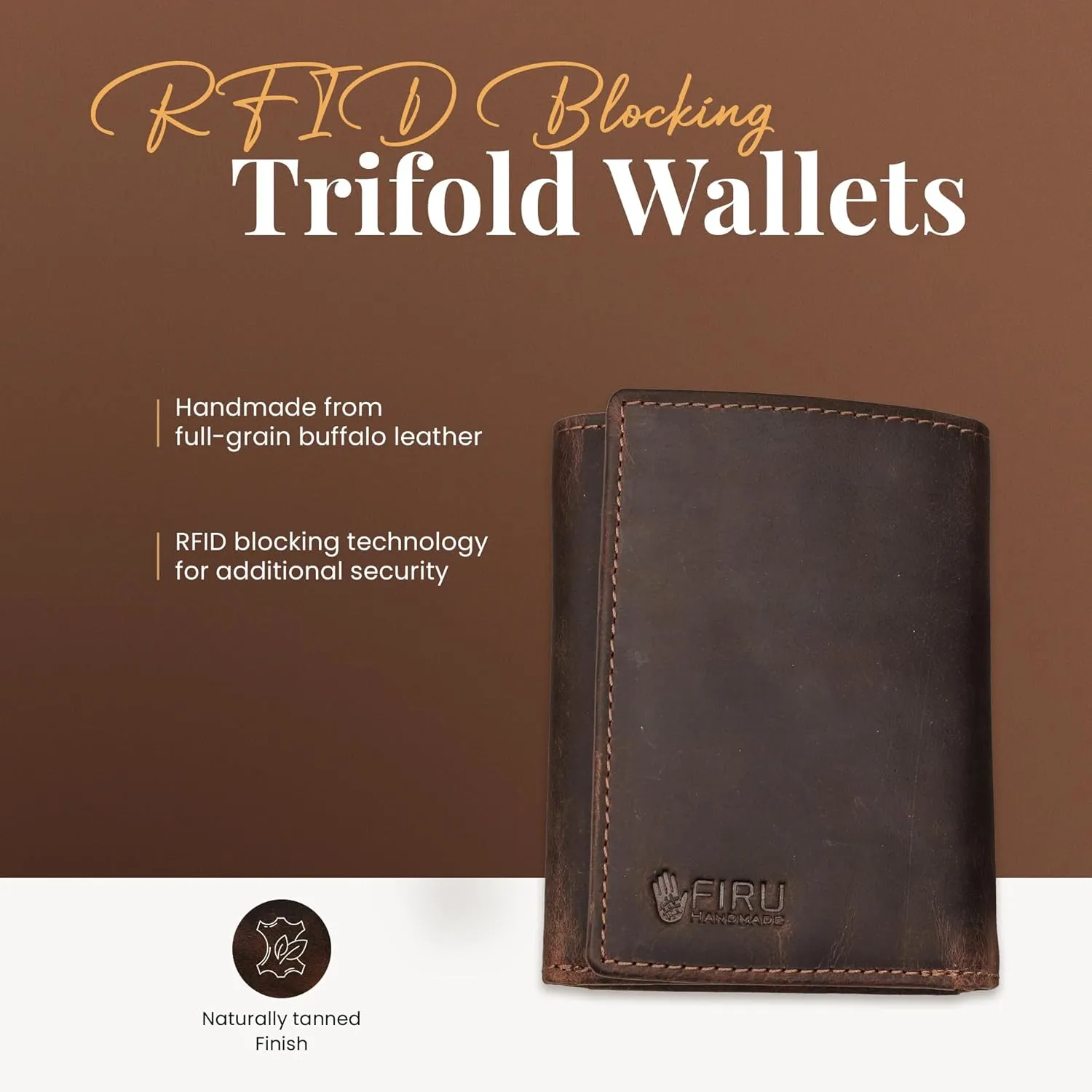 Full Grain Buffalo Leather Slim Trifold Wallet for Men with RFID Blocking-Slim Billfold with 6 Card Slots-2 Slip in Pockets-Ultra Strong Stitching-Extra Capacity with ID Windows-Vintage Design
