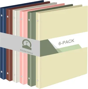 Fulmoon 6 Pack Plastic 3 Ring Binder Assorted Colors Economy Flexible Round Ring Presentation Binders with Pocket for Office School Meeting(1 Inch,Boho Color)