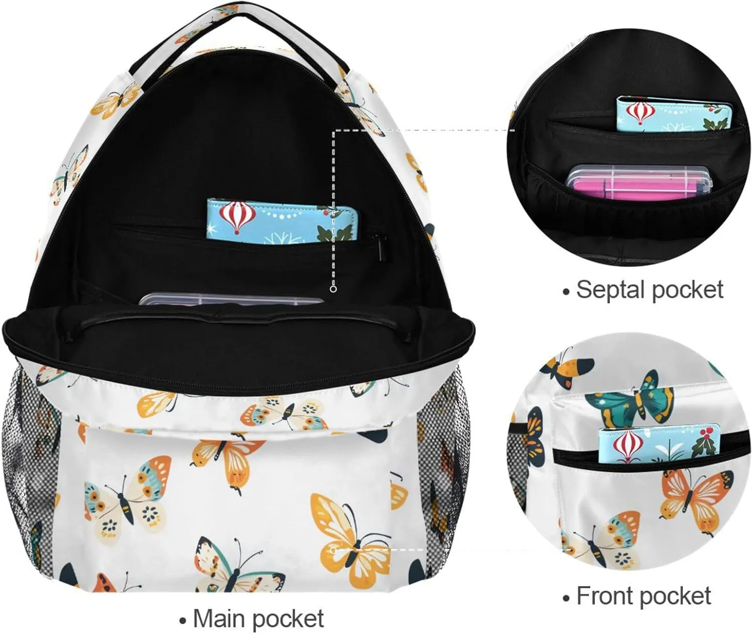 Fun Backpack for Teens Boys Girls Waterproof Outdoor Backpack with Chest Strap Gift Men & Women Cartoon Cute Butterflies White