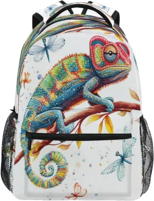Fun Backpack for Teens Boys Girls Waterproof Personal Backpack with Chest Strap Gift Men & Women Cartoon Chameleon Reptile White