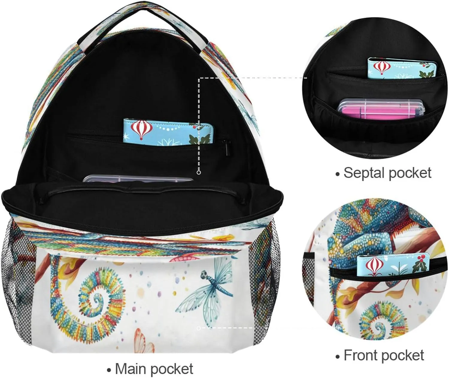 Fun Backpack for Teens Boys Girls Waterproof Personal Backpack with Chest Strap Gift Men & Women Cartoon Chameleon Reptile White