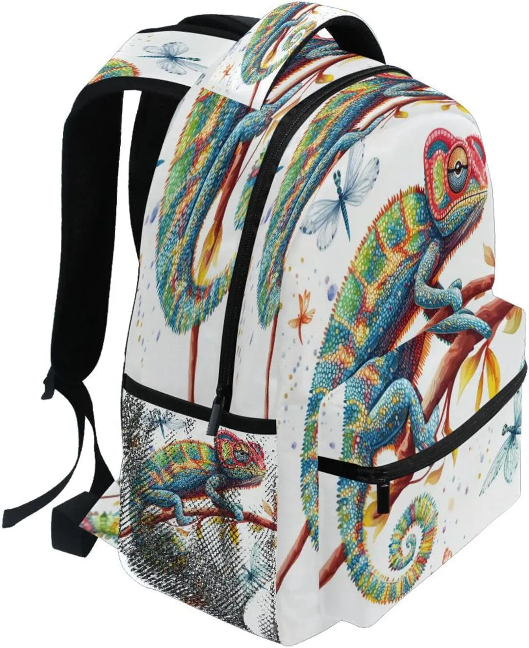 Fun Backpack for Teens Boys Girls Waterproof Personal Backpack with Chest Strap Gift Men & Women Cartoon Chameleon Reptile White