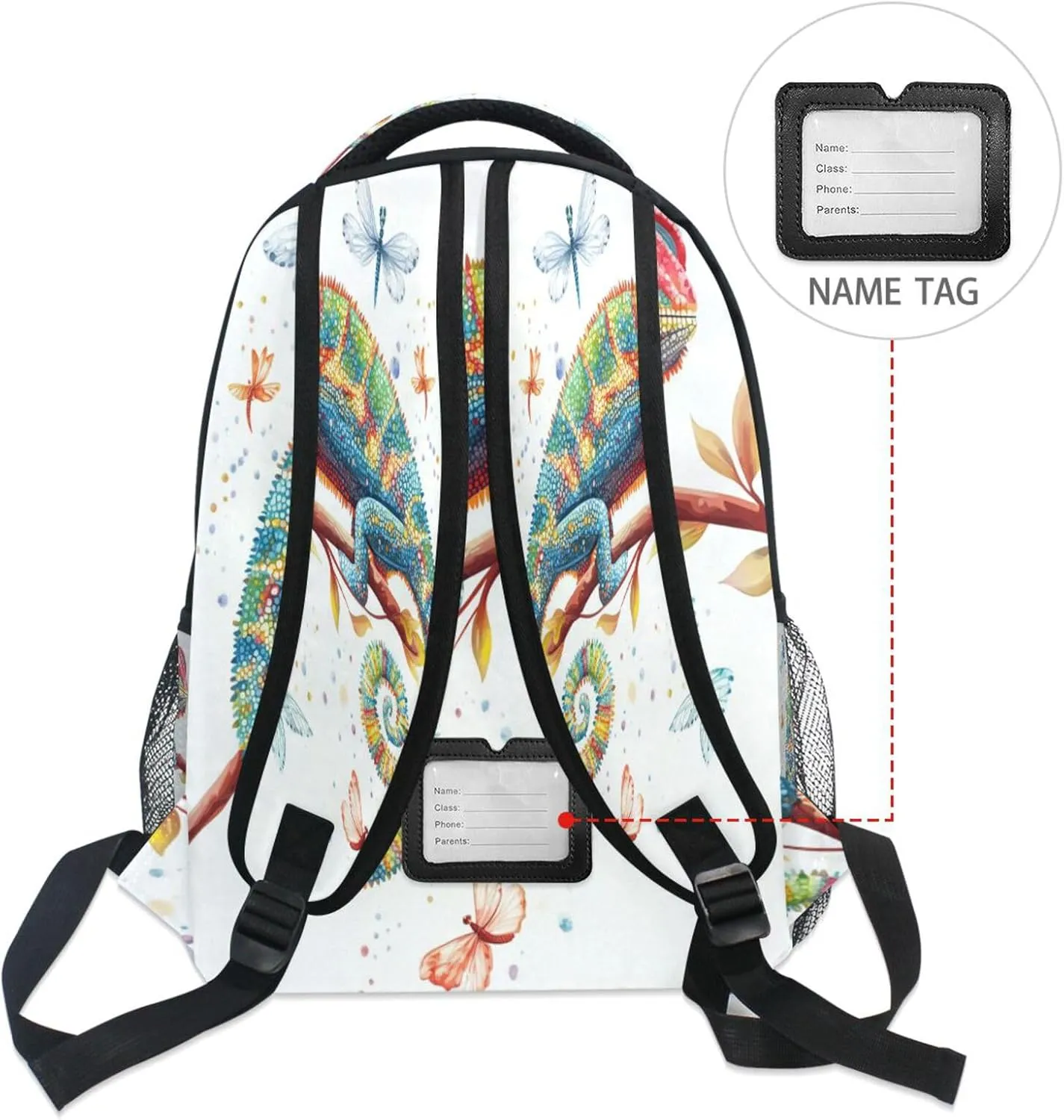 Fun Backpack for Teens Boys Girls Waterproof Personal Backpack with Chest Strap Gift Men & Women Cartoon Chameleon Reptile White