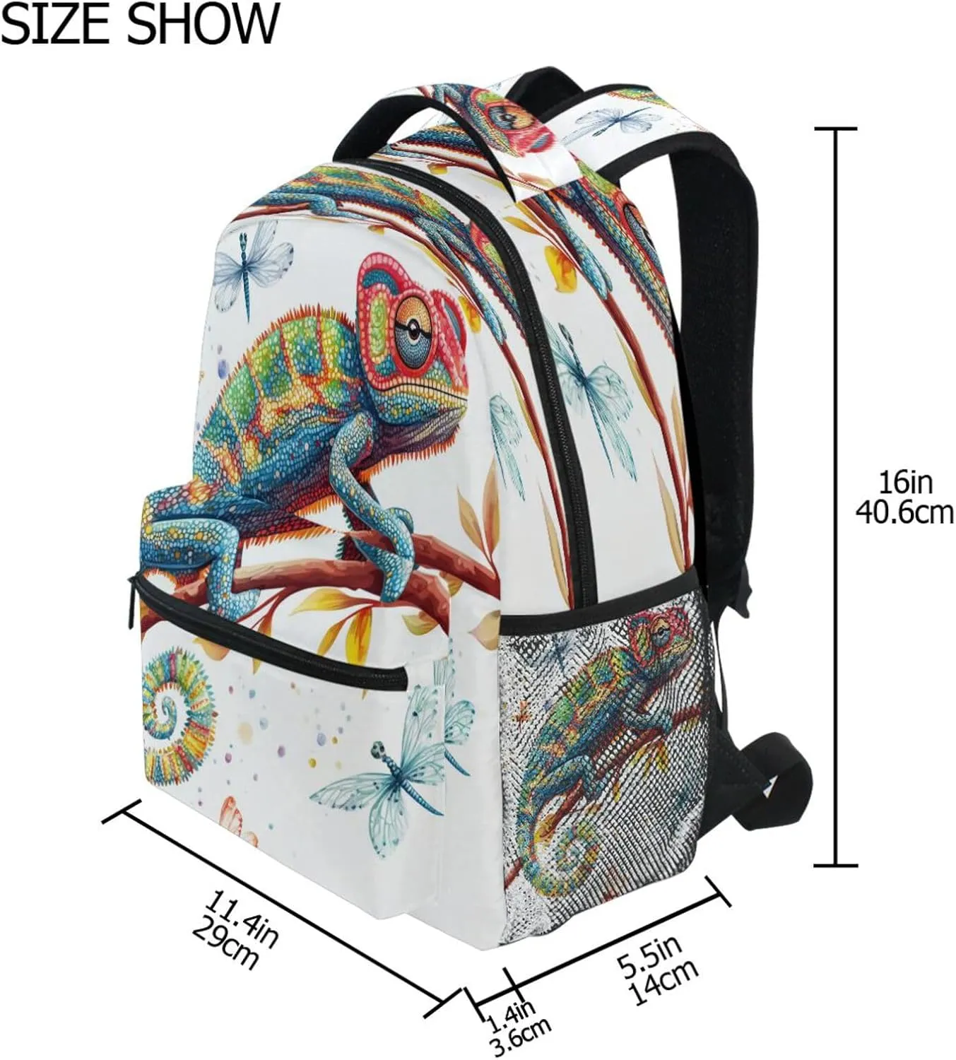 Fun Backpack for Teens Boys Girls Waterproof Personal Backpack with Chest Strap Gift Men & Women Cartoon Chameleon Reptile White