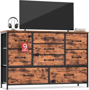 Furnulem Dresser for Bedroom with 9 Large Drawers for 55'' Long Chest TV Stand Entertainment Center,Wood Shelf Storage Furniture in Closet,Living Room,Entryway,Sturdy Metal Frame (Rustic Brown)