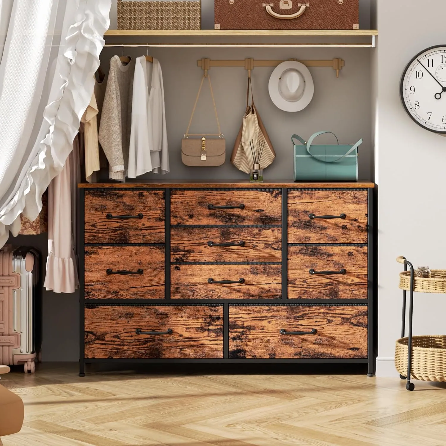 Furnulem Dresser for Bedroom with 9 Large Drawers for 55'' Long Chest TV Stand Entertainment Center,Wood Shelf Storage Furniture in Closet,Living Room,Entryway,Sturdy Metal Frame (Rustic Brown)
