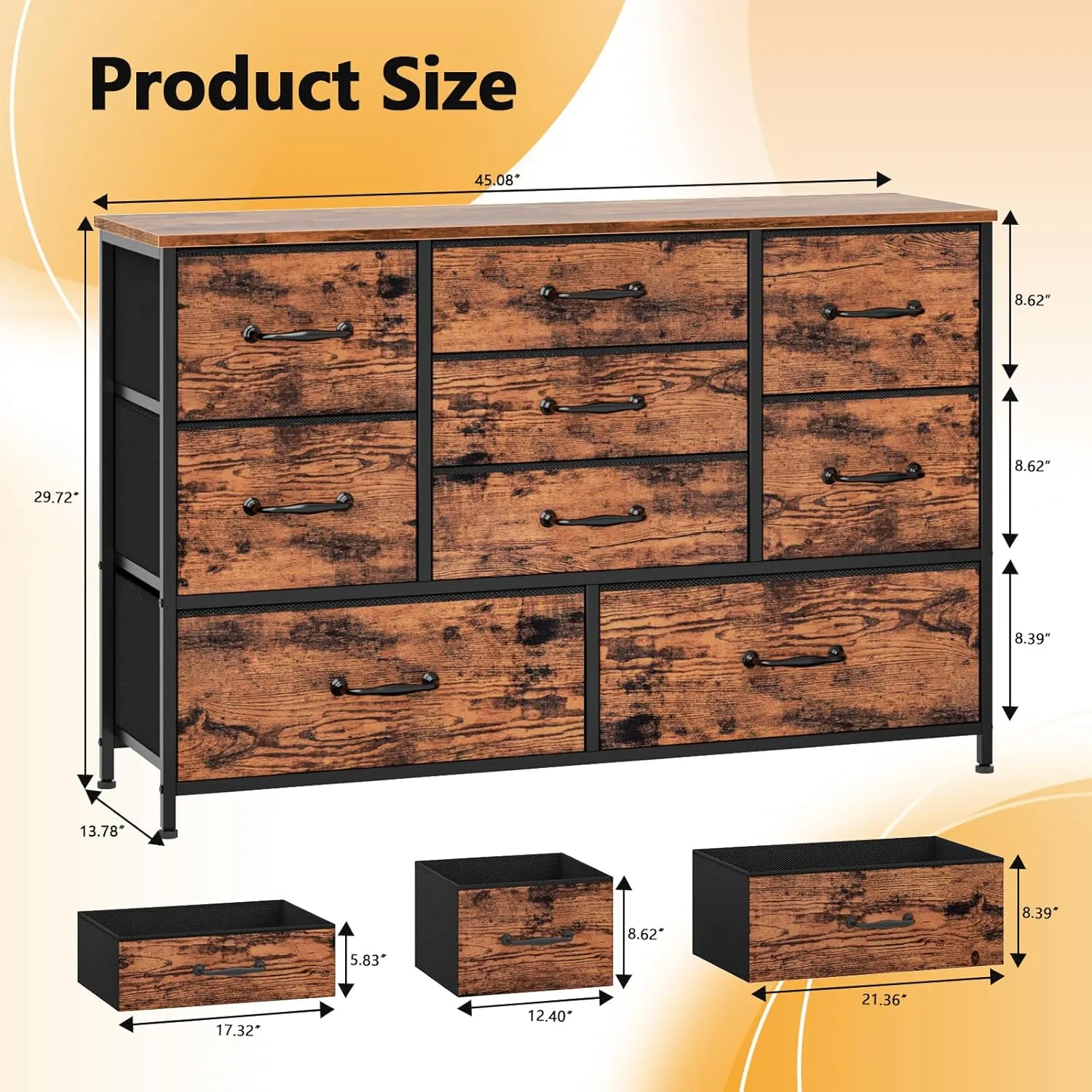 Furnulem Dresser for Bedroom with 9 Large Drawers for 55'' Long Chest TV Stand Entertainment Center,Wood Shelf Storage Furniture in Closet,Living Room,Entryway,Sturdy Metal Frame (Rustic Brown)