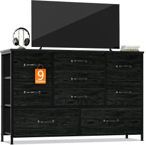Furnulem Wide Dresser with 9 Large Drawers for 55'' Long Chest TV Stand Entertainment Center,Wood Shelf Storage for Bedroom,Dorm Room,Closet,Entryway,Sturdy Metal Frame(Black Oak)