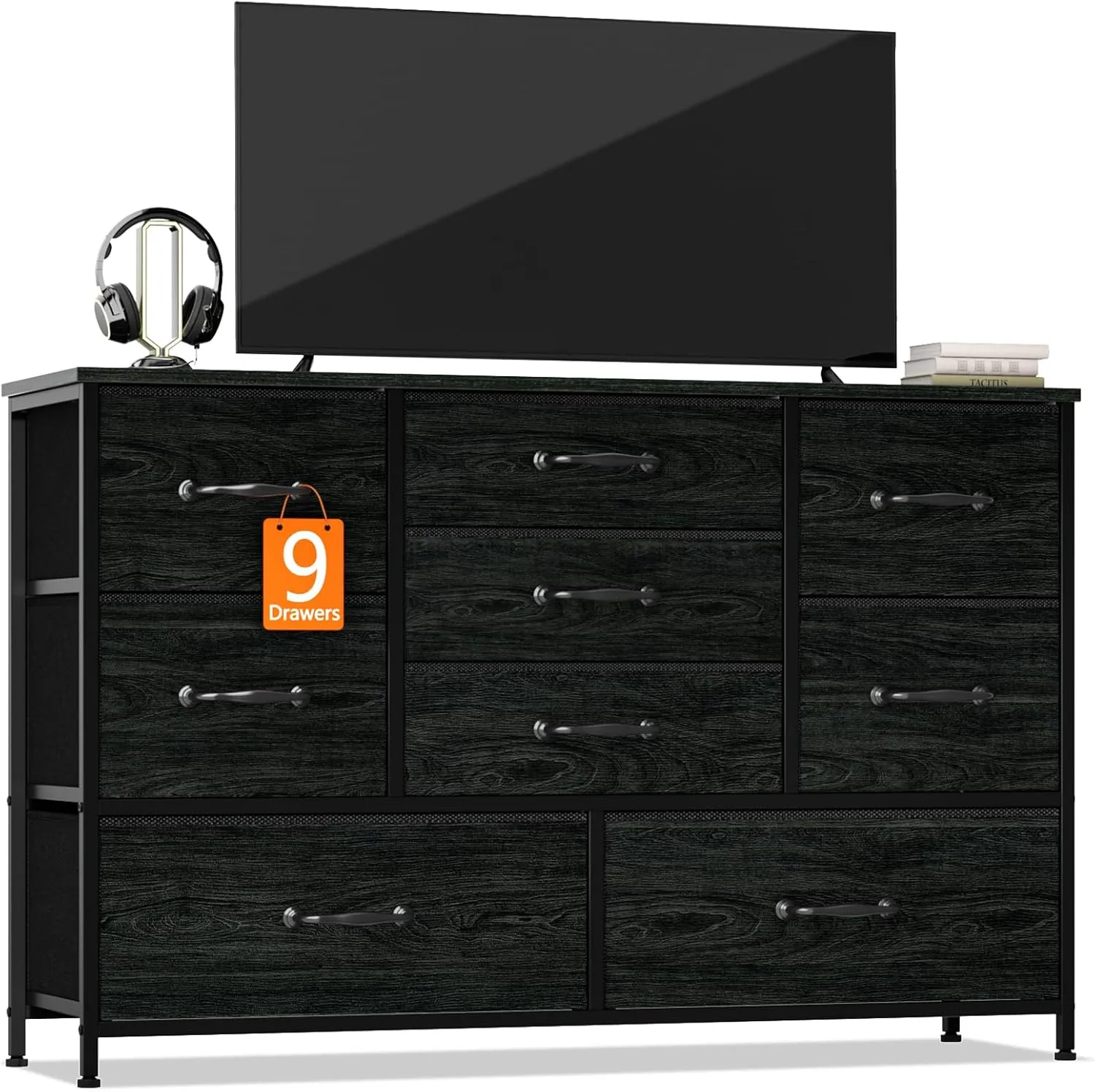 Furnulem Wide Dresser with 9 Large Drawers for 55'' Long Chest TV Stand Entertainment Center,Wood Shelf Storage for Bedroom,Dorm Room,Closet,Entryway,Sturdy Metal Frame(Black Oak)