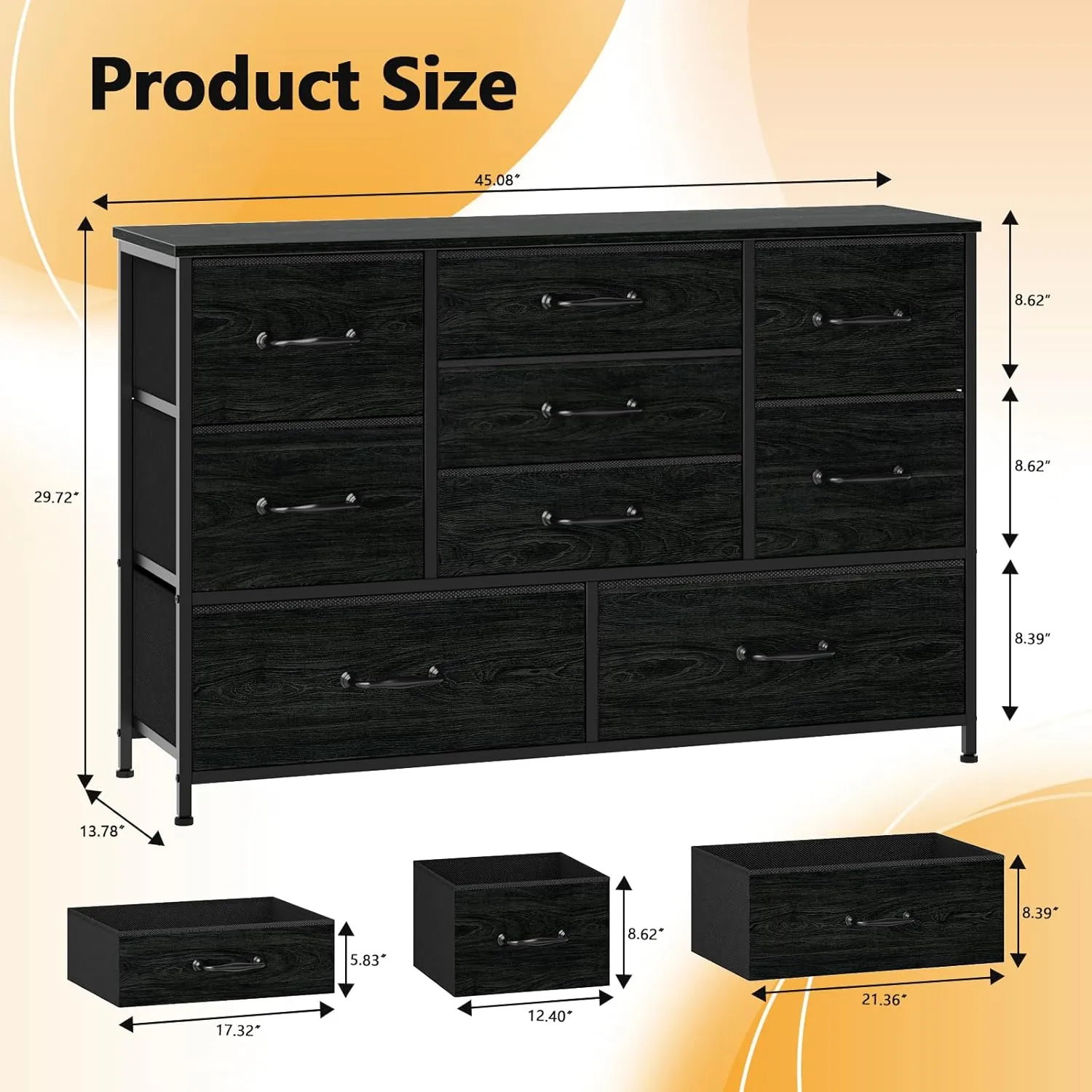 Furnulem Wide Dresser with 9 Large Drawers for 55'' Long Chest TV Stand Entertainment Center,Wood Shelf Storage for Bedroom,Dorm Room,Closet,Entryway,Sturdy Metal Frame(Black Oak)