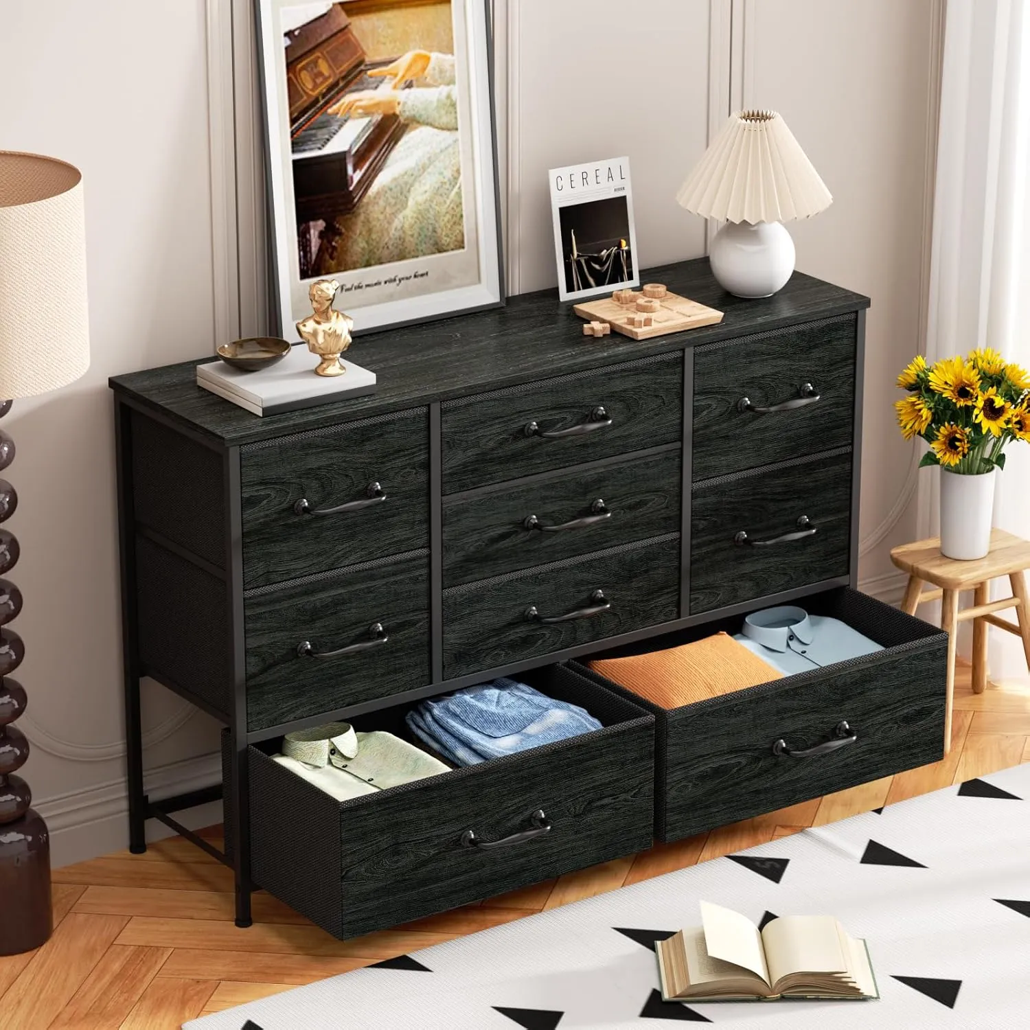 Furnulem Wide Dresser with 9 Large Drawers for 55'' Long Chest TV Stand Entertainment Center,Wood Shelf Storage for Bedroom,Dorm Room,Closet,Entryway,Sturdy Metal Frame(Black Oak)