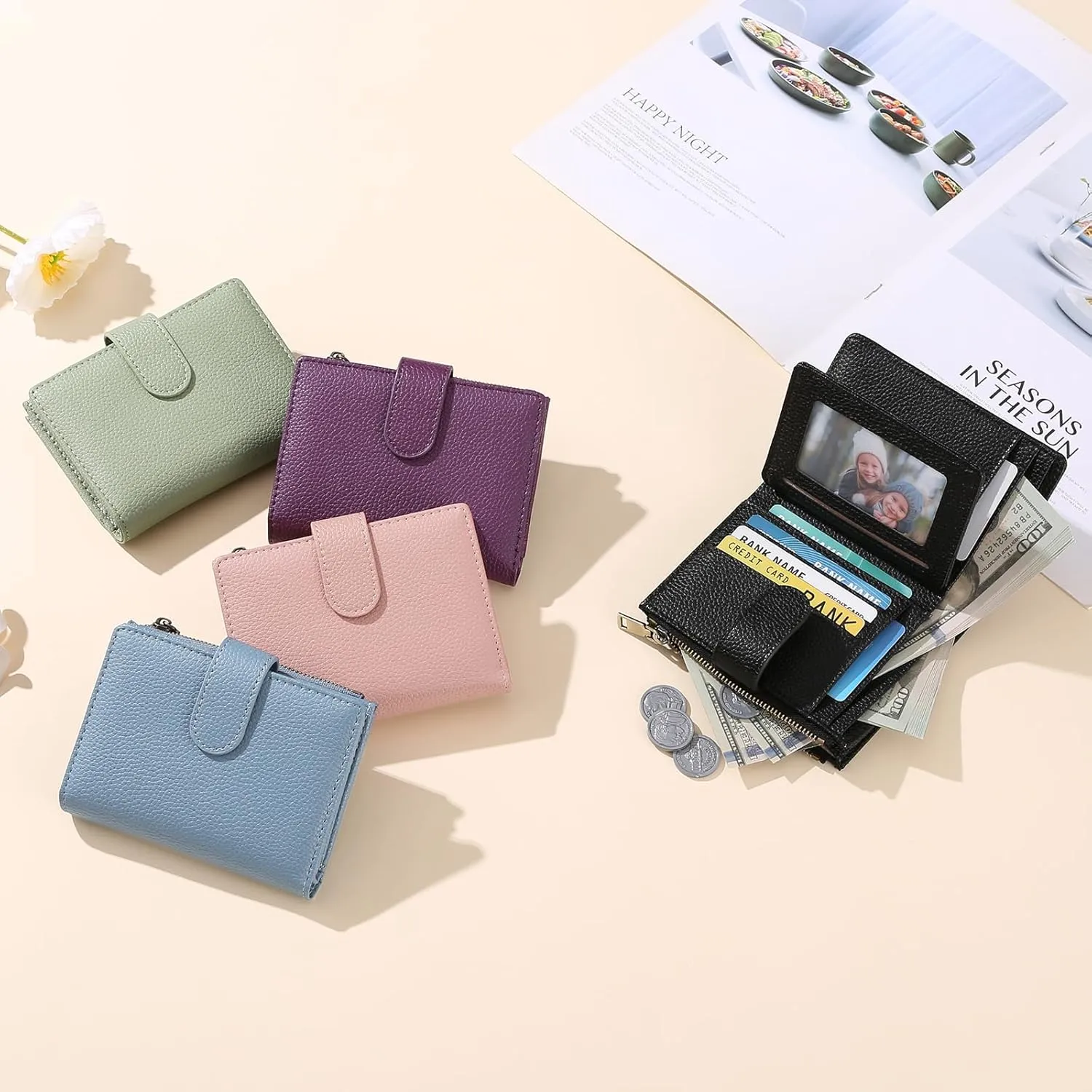 GAEKEAO Small Wallets for Women Leather RFID Blocking Bifold Zipper Pocket Wallet Card Case Purse with ID Window