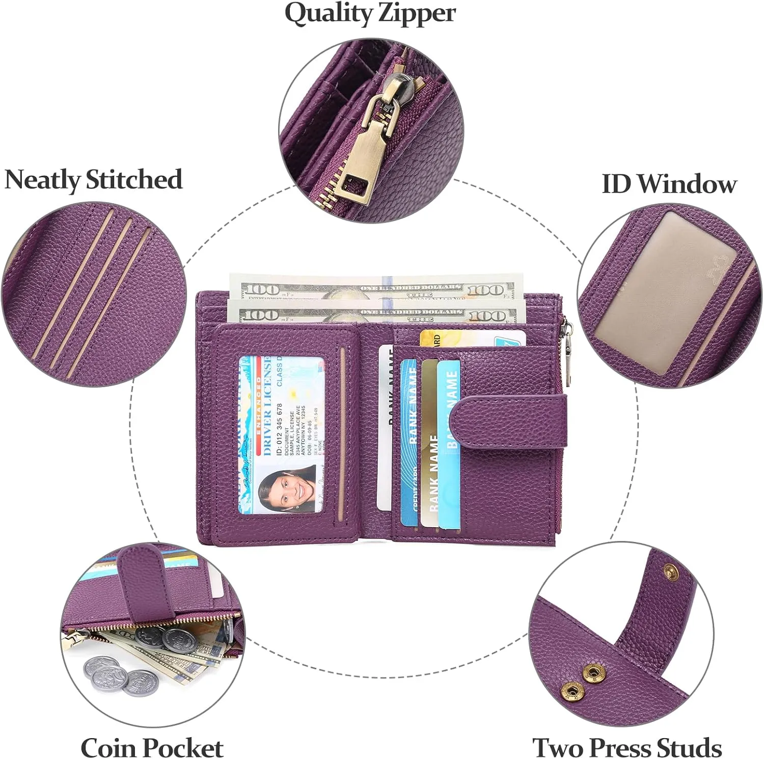 GAEKEAO Small Wallets for Women Leather RFID Blocking Bifold Zipper Pocket Wallet Card Case Purse with ID Window