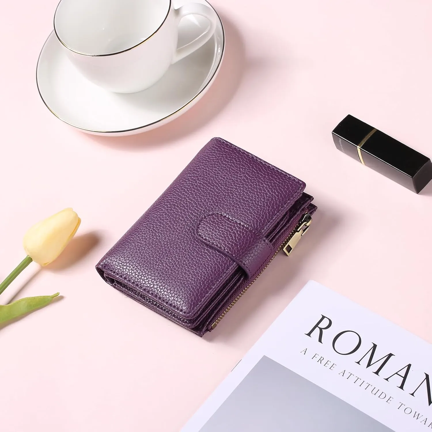 GAEKEAO Small Wallets for Women Leather RFID Blocking Bifold Zipper Pocket Wallet Card Case Purse with ID Window