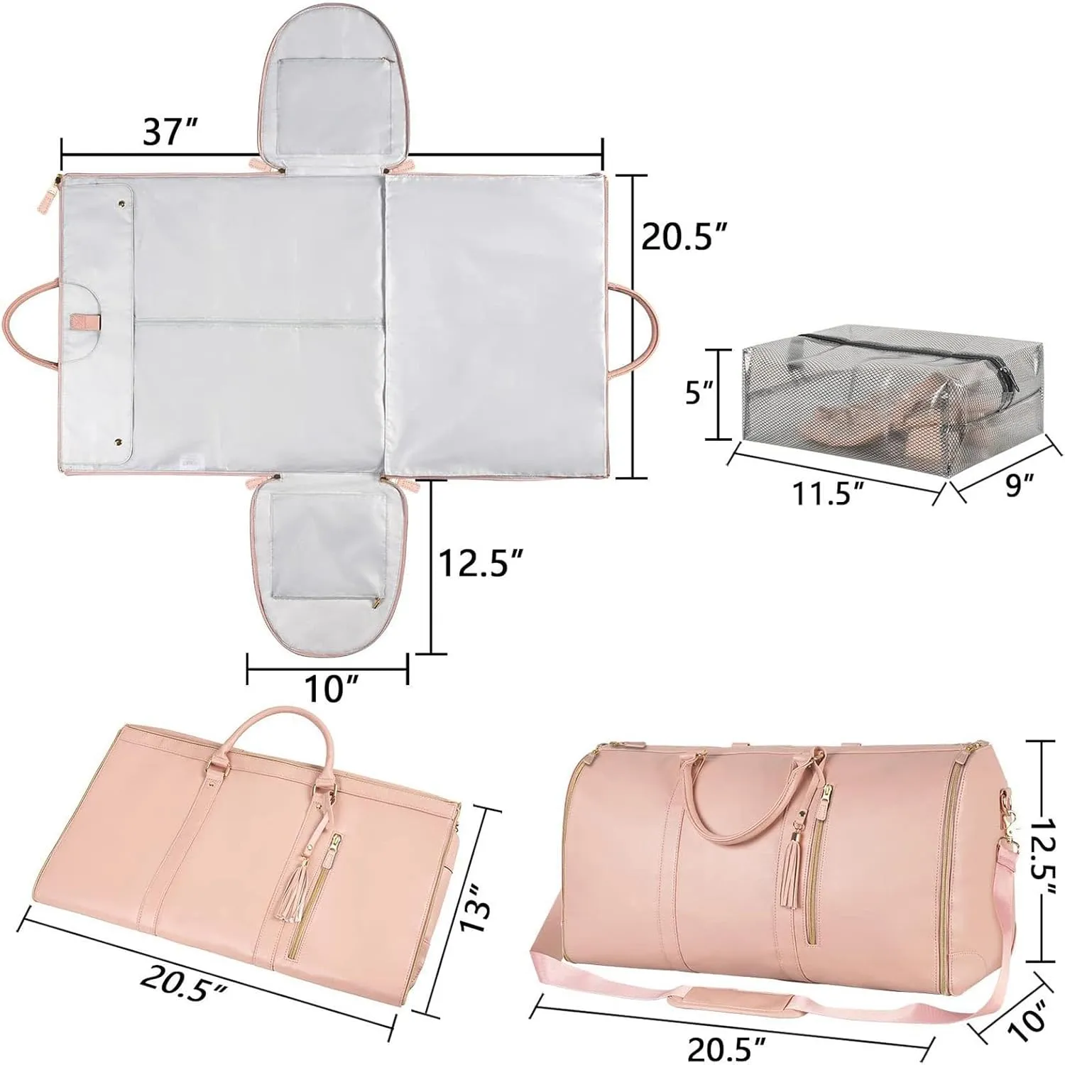 Garment Duffle Bags for Travel,Foldable Garment Duffle Bag,2 in 1 Travel Suit Duffel Bag with Detachable Shoulder Strap for Gift-Pink