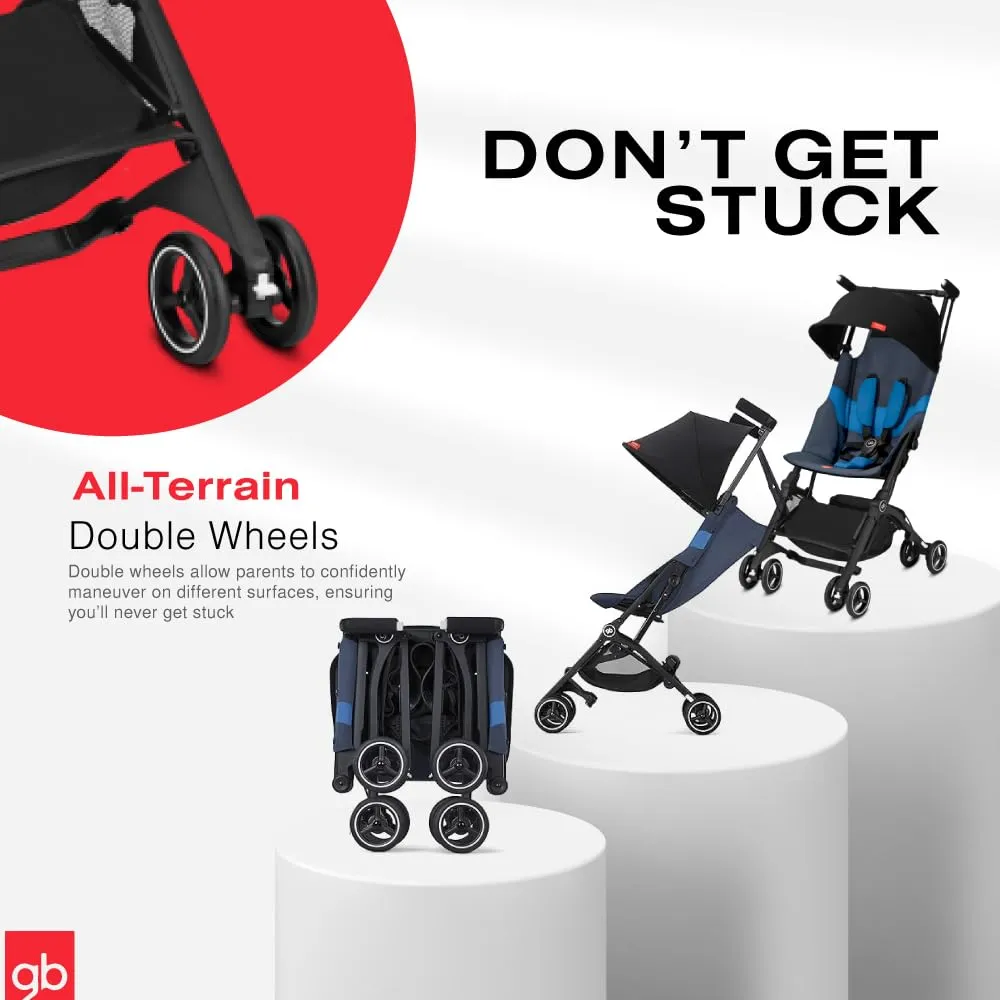 gb Pockit  All-Terrain, Ultra Compact Lightweight Travel Stroller with Canopy and Reclining Seat in Night Blue, 10.6 pounds