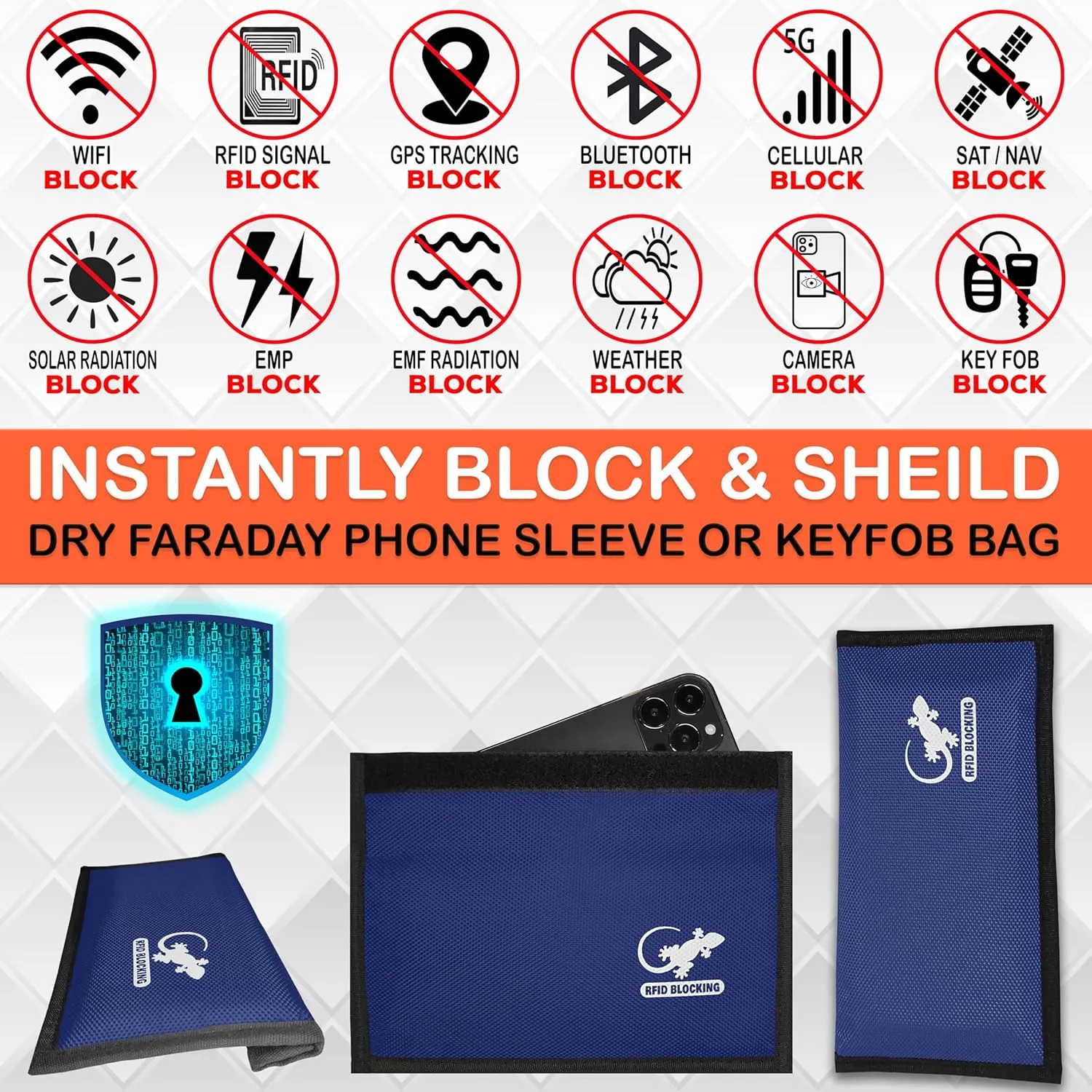 Gecko Travel Tech Blue Nylon Faraday Bag - Signal Blocker for Cell Phone, Car Key FOB, Data Privacy (BLUE - NYLON)