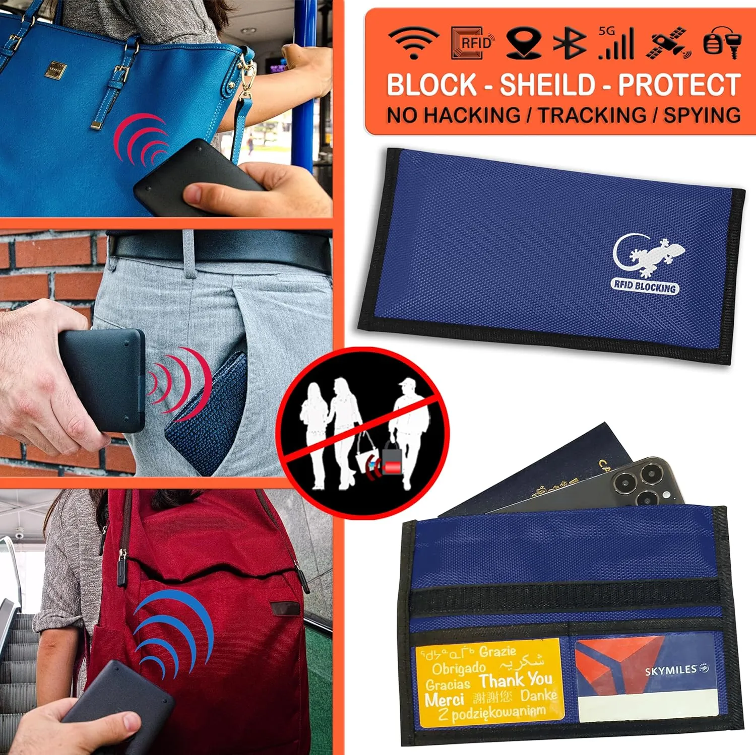 Gecko Travel Tech Blue Nylon Faraday Bag - Signal Blocker for Cell Phone, Car Key FOB, Data Privacy (BLUE - NYLON)